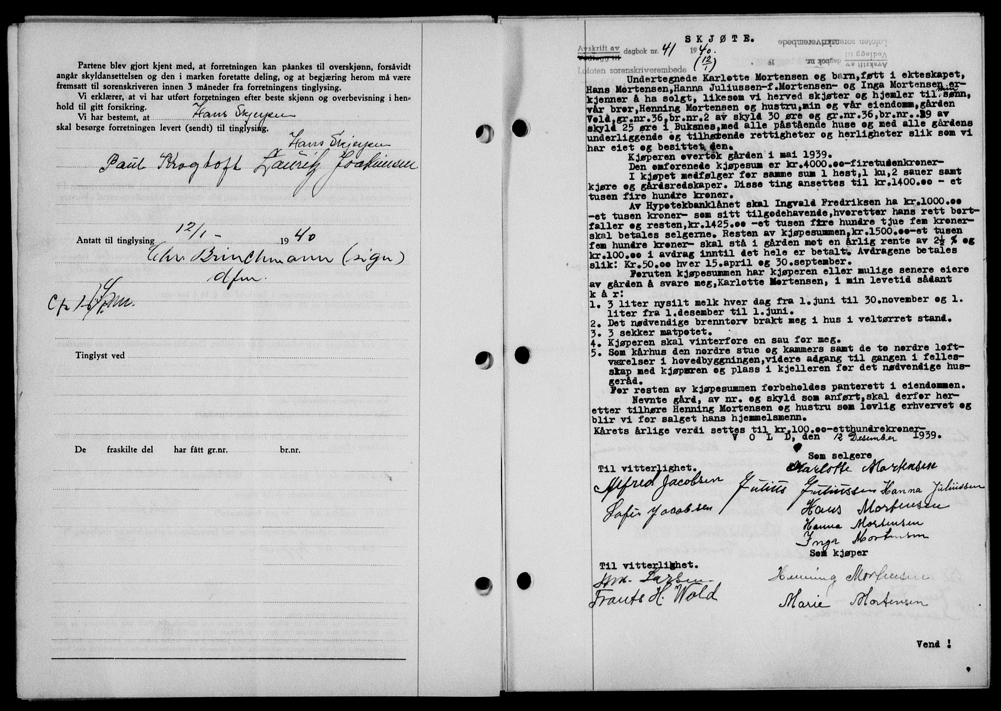 Lofoten sorenskriveri, SAT/A-0017/1/2/2C/L0007a: Mortgage book no. 7a, 1939-1940, Diary no: : 41/1940