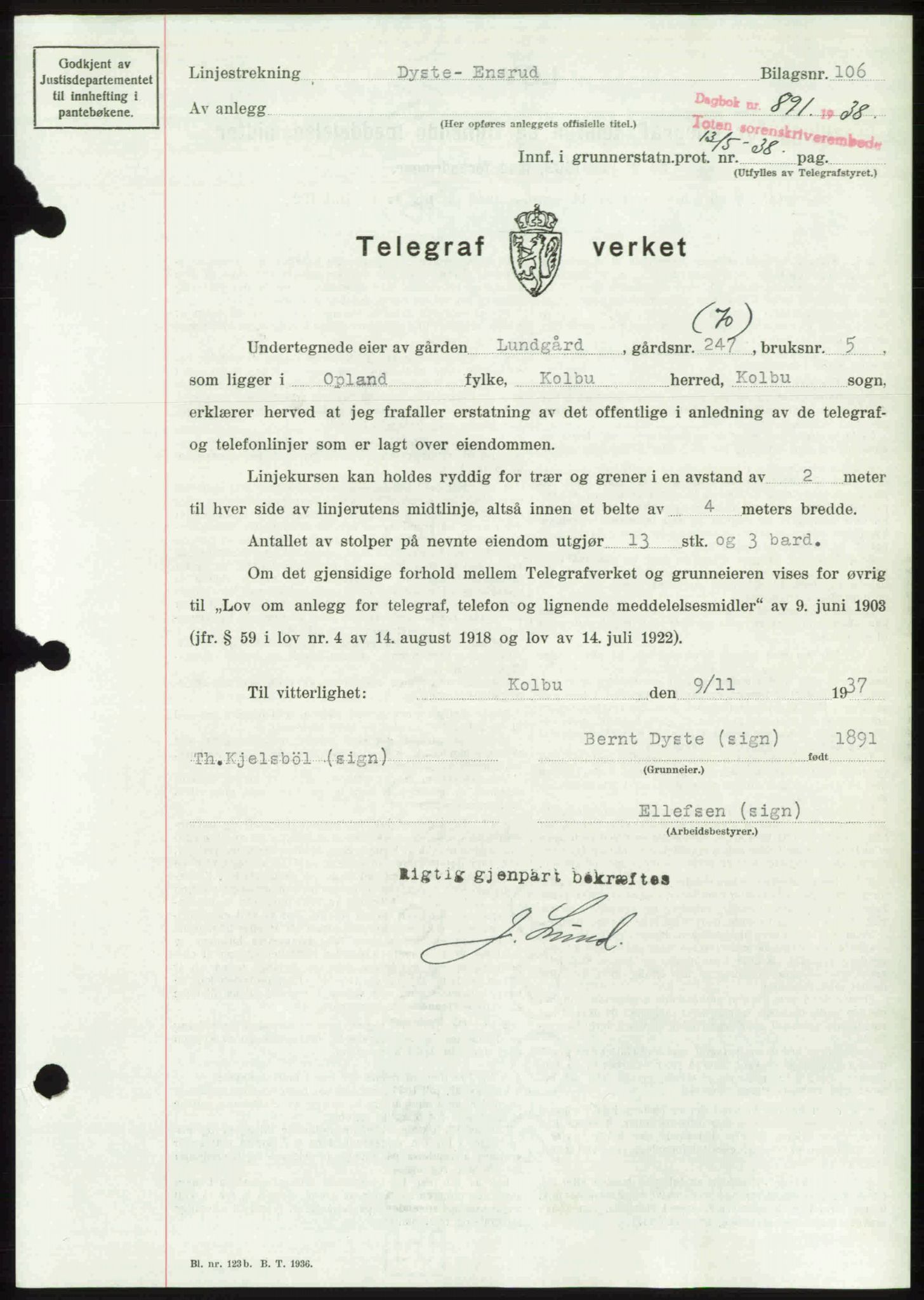 Toten tingrett, SAH/TING-006/H/Hb/Hbc/L0004: Mortgage book no. Hbc-04, 1938-1938, Diary no: : 891/1938