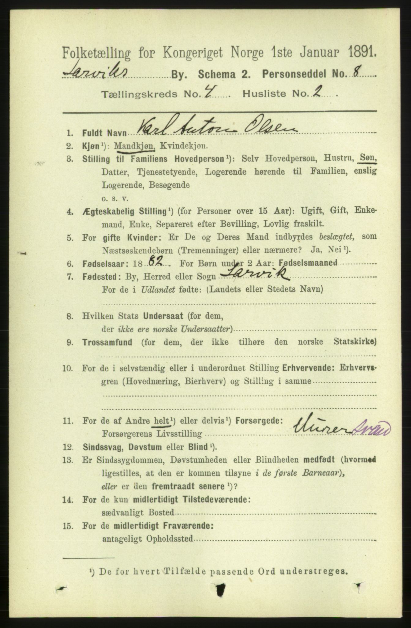 RA, 1891 census for 0707 Larvik, 1891, p. 5084