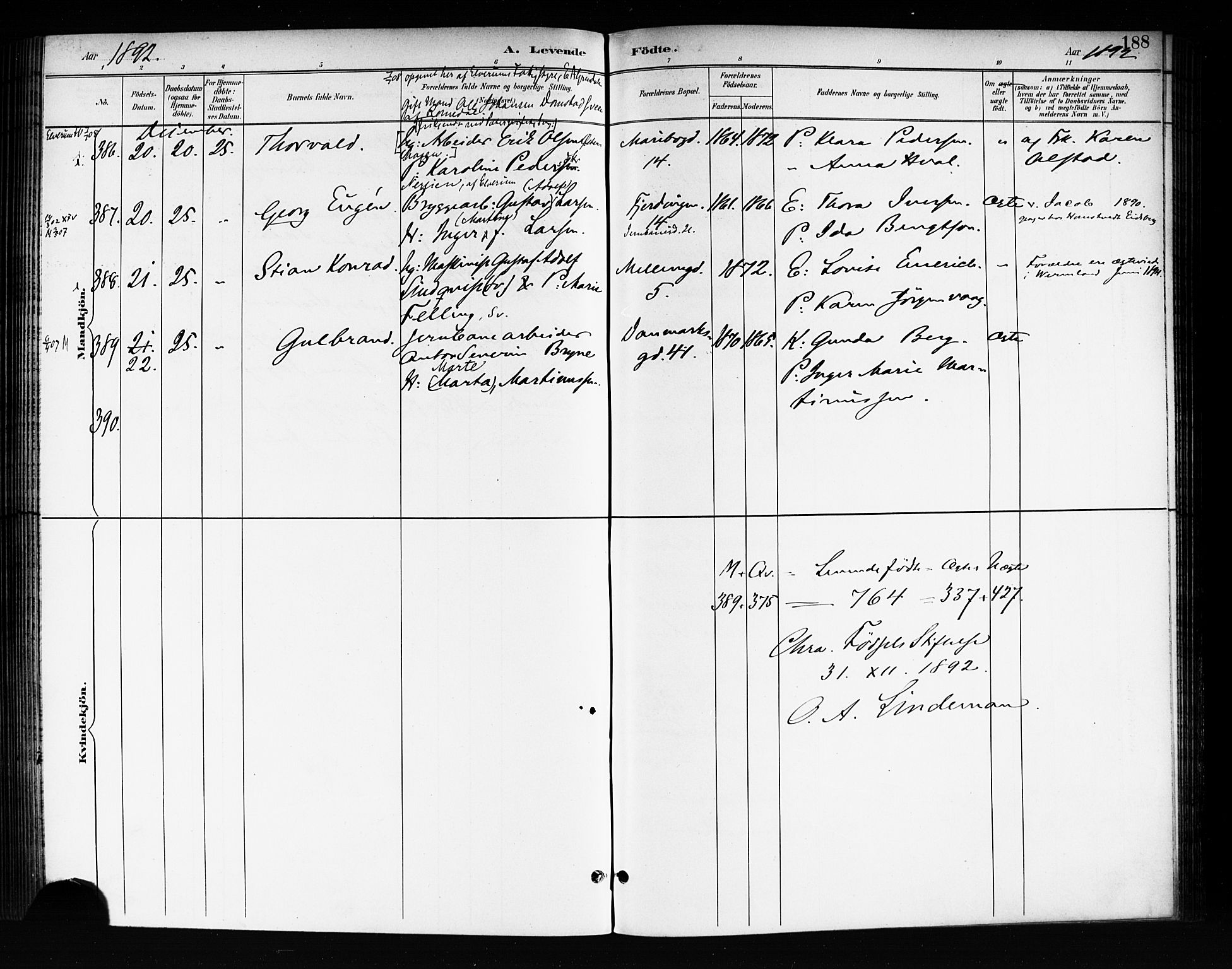 Rikshospitalet prestekontor Kirkebøker, AV/SAO-A-10309b/F/L0008: Parish register (official) no. 8, 1890-1893, p. 188