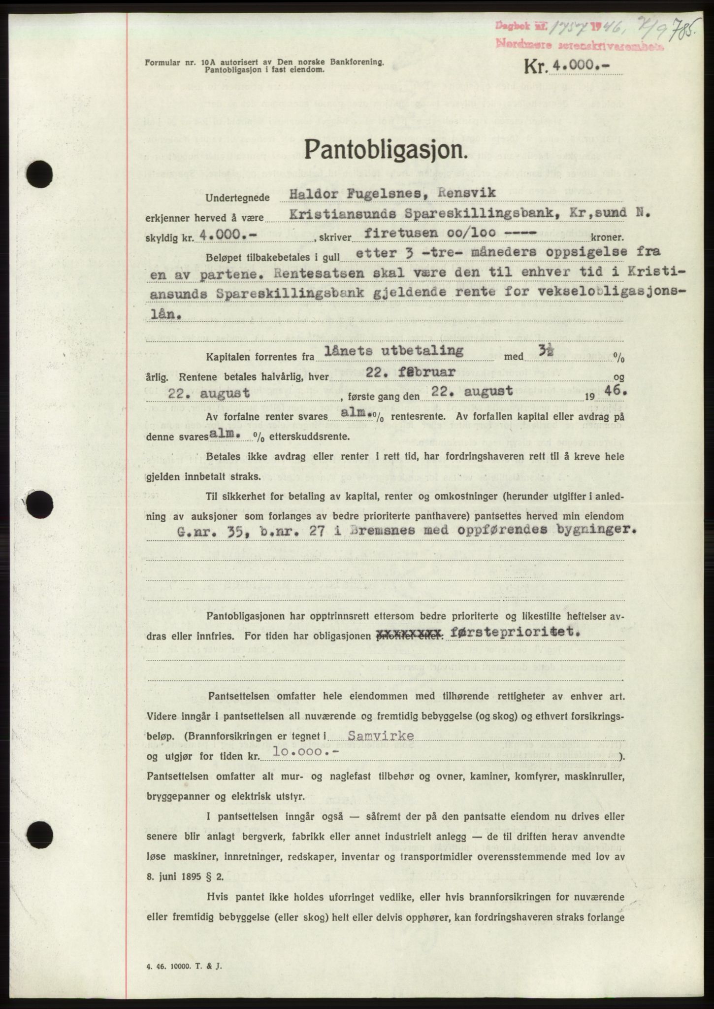 Nordmøre sorenskriveri, AV/SAT-A-4132/1/2/2Ca: Mortgage book no. B94, 1946-1946, Diary no: : 1757/1946