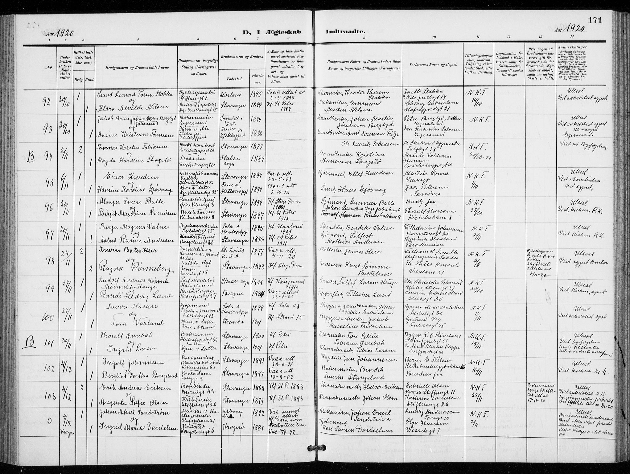 St. Petri sokneprestkontor, AV/SAST-A-101813/001/30/30BB/L0009: Parish register (copy) no. B 9, 1902-1935, p. 171