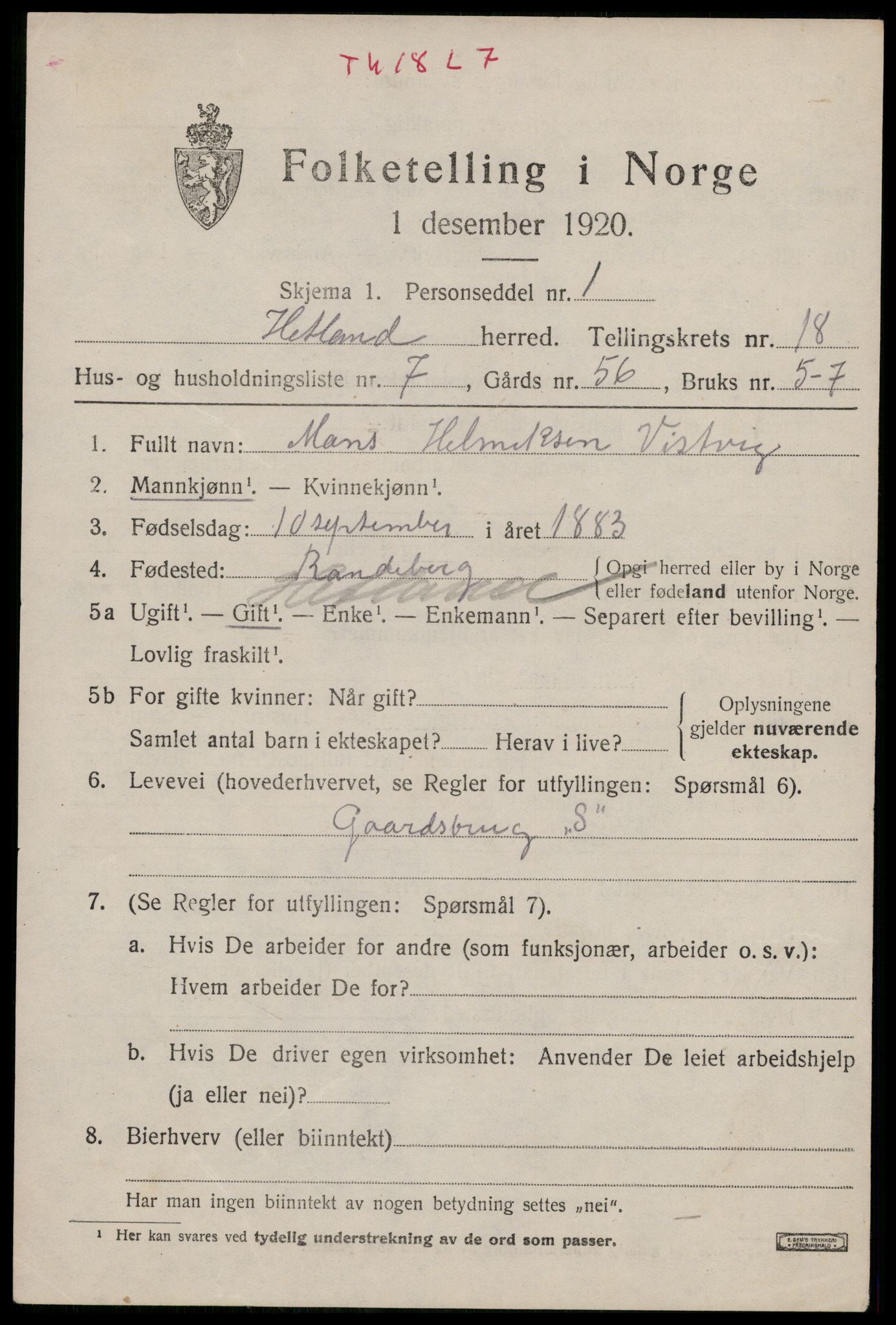 SAST, 1920 census for Hetland, 1920, p. 25141