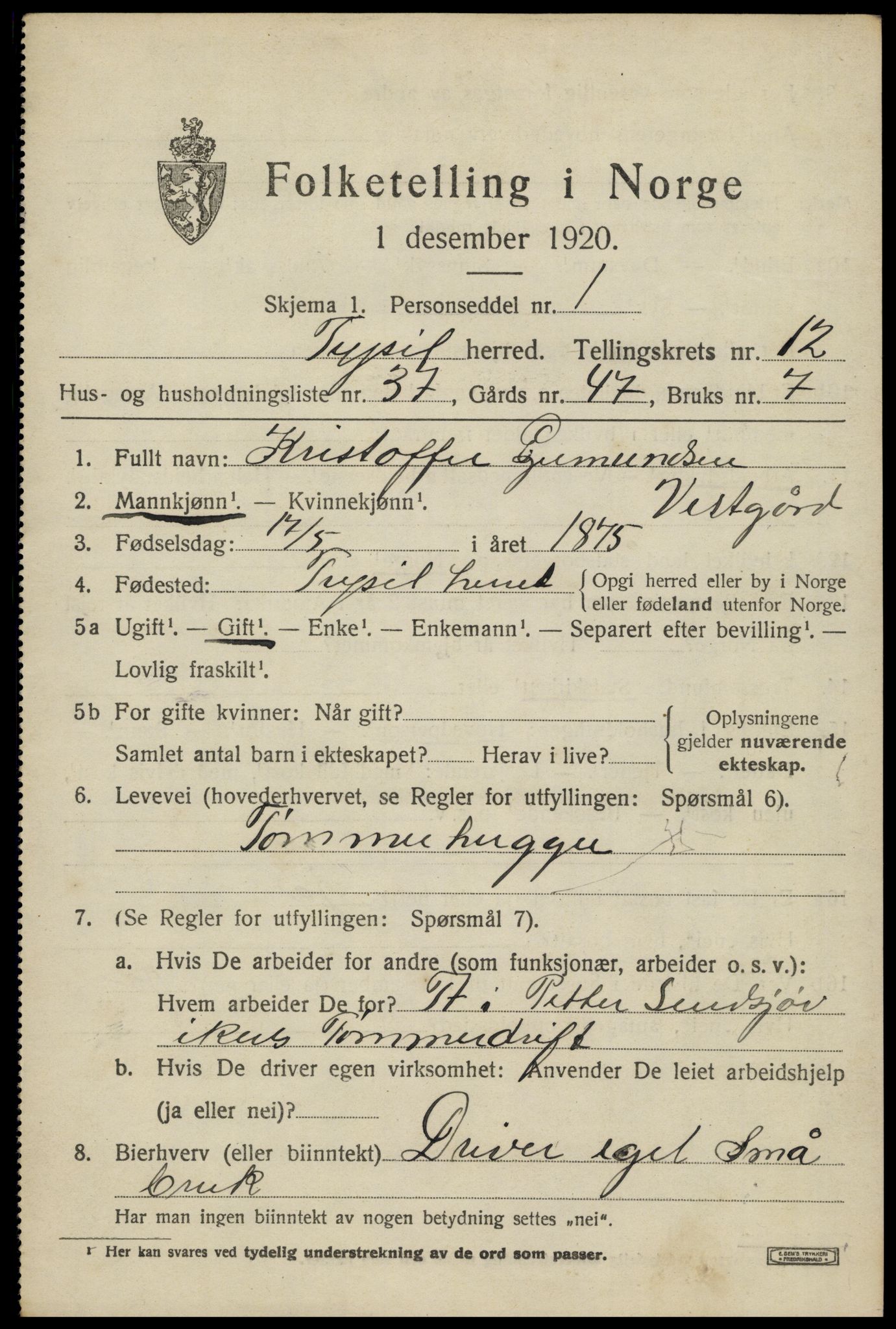 SAH, 1920 census for Trysil, 1920, p. 7605