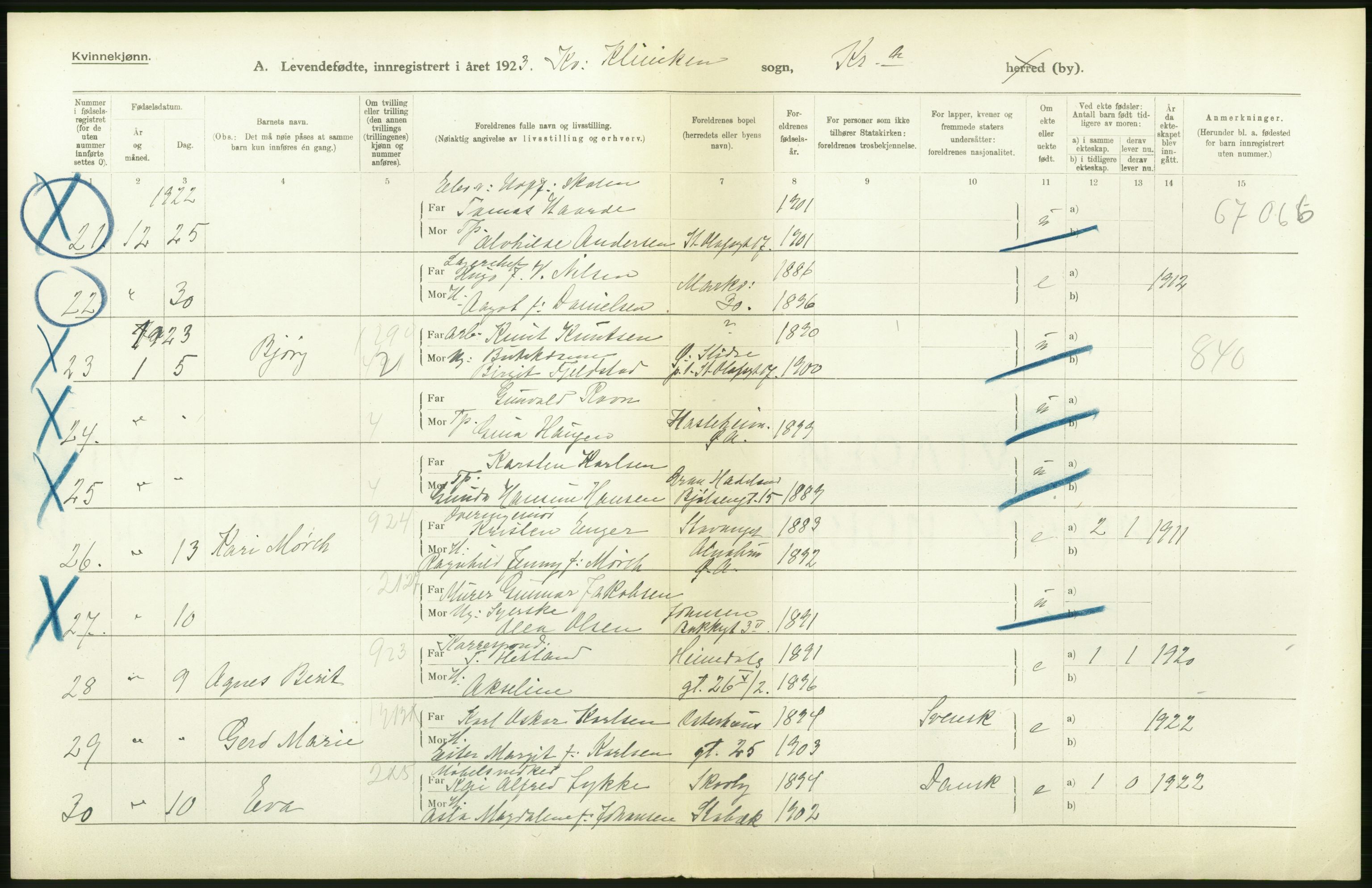 Statistisk sentralbyrå, Sosiodemografiske emner, Befolkning, RA/S-2228/D/Df/Dfc/Dfcc/L0007: Kristiania: Levendefødte menn og kvinner., 1923, p. 154