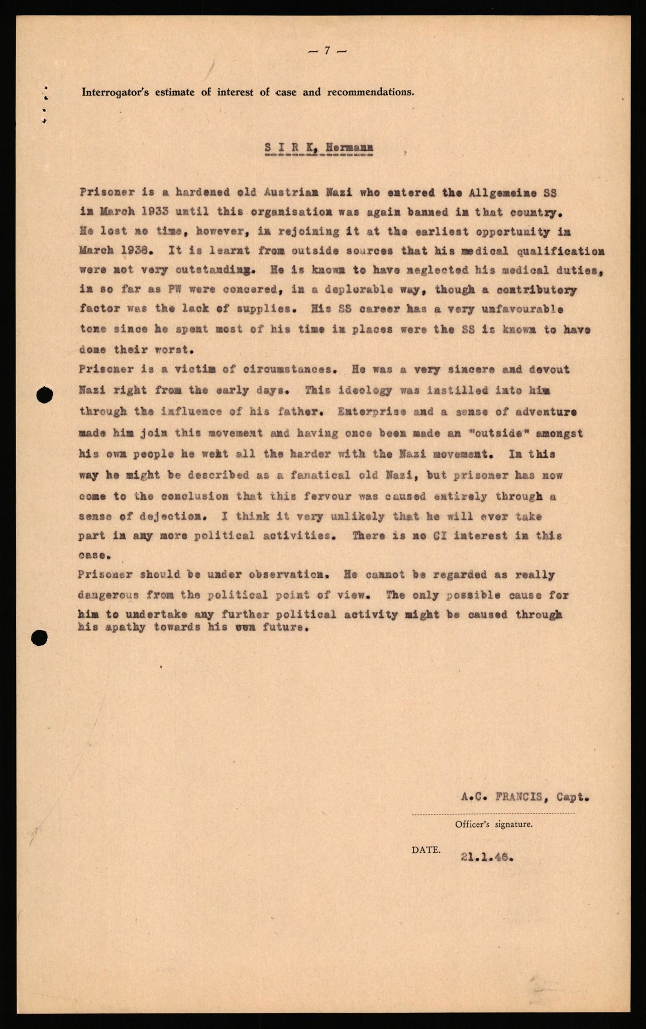 Forsvaret, Forsvarets overkommando II, RA/RAFA-3915/D/Db/L0040: CI Questionaires. Tyske okkupasjonsstyrker i Norge. Østerrikere., 1945-1946, p. 208