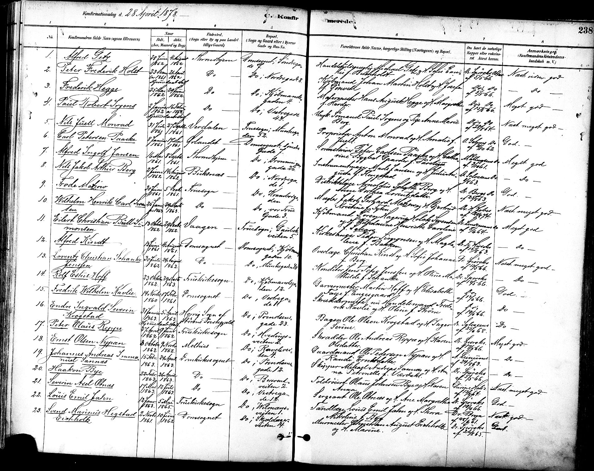 Ministerialprotokoller, klokkerbøker og fødselsregistre - Sør-Trøndelag, SAT/A-1456/601/L0057: Parish register (official) no. 601A25, 1877-1891, p. 238