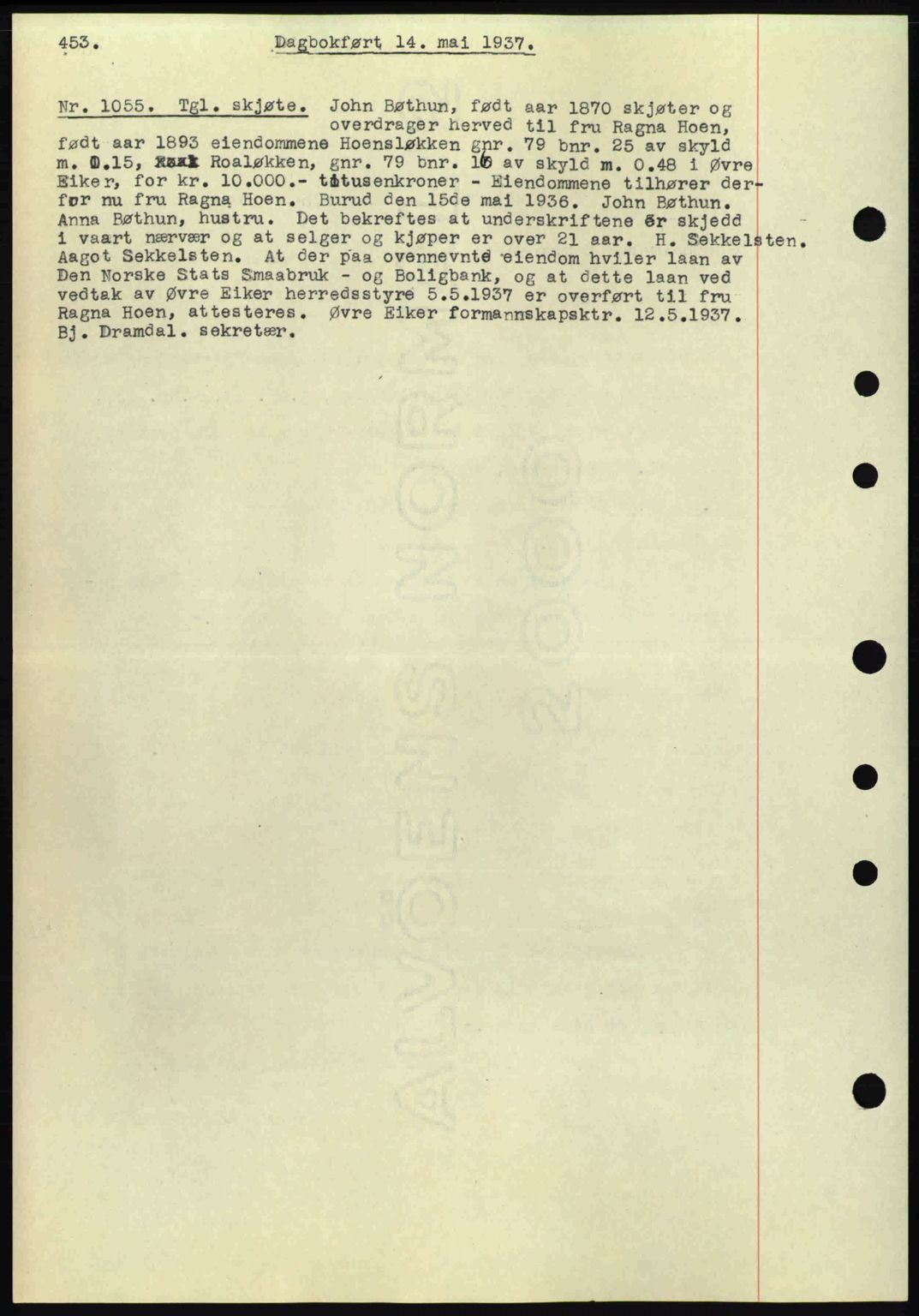 Eiker, Modum og Sigdal sorenskriveri, SAKO/A-123/G/Ga/Gab/L0035: Mortgage book no. A5, 1937-1937, Diary no: : 1055/1937
