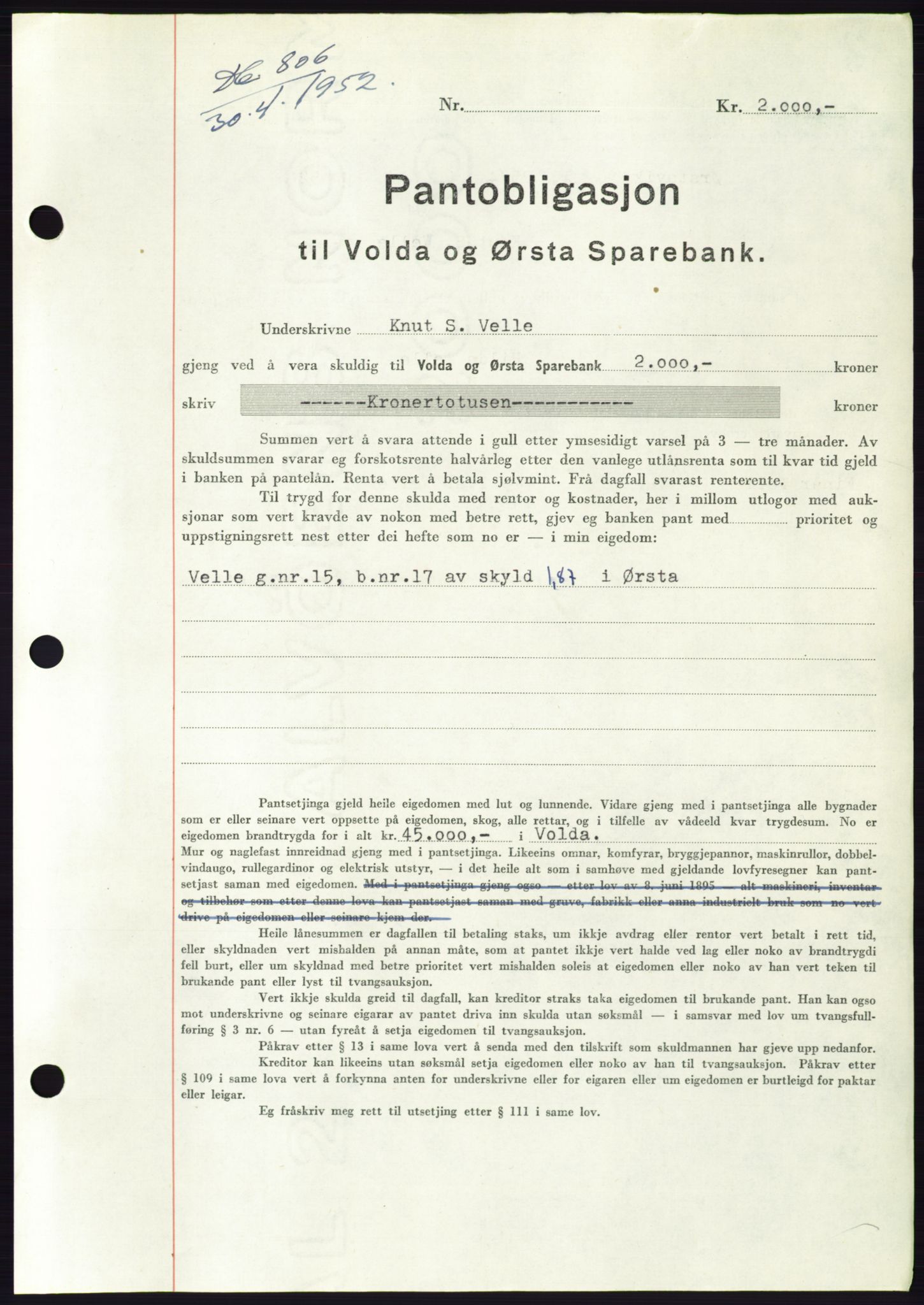 Søre Sunnmøre sorenskriveri, AV/SAT-A-4122/1/2/2C/L0092: Mortgage book no. 18A, 1952-1952, Diary no: : 806/1952