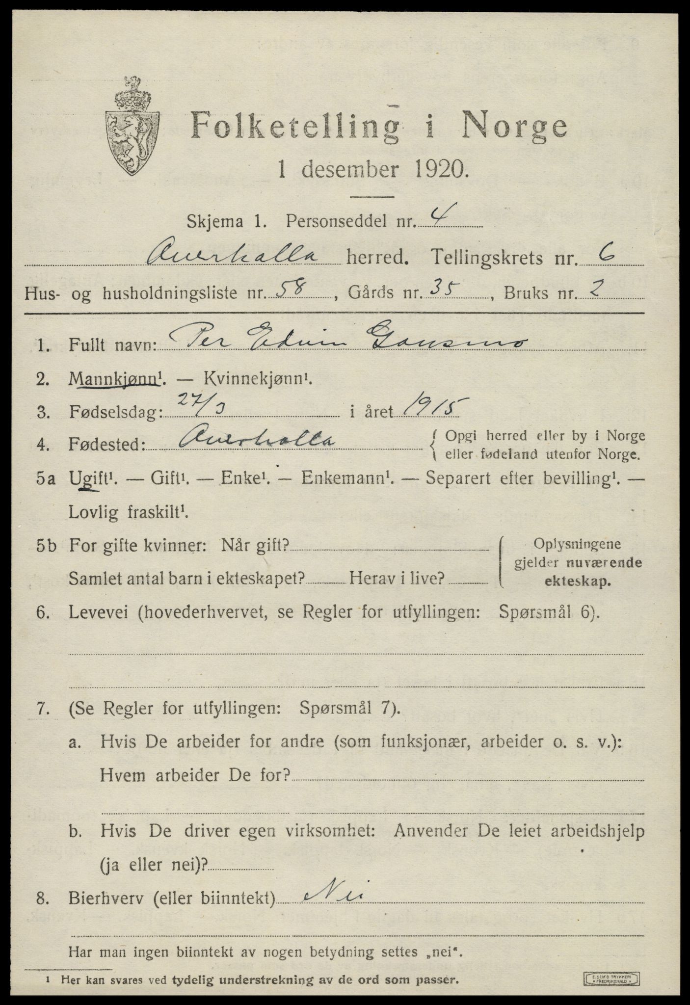 SAT, 1920 census for Overhalla, 1920, p. 4900