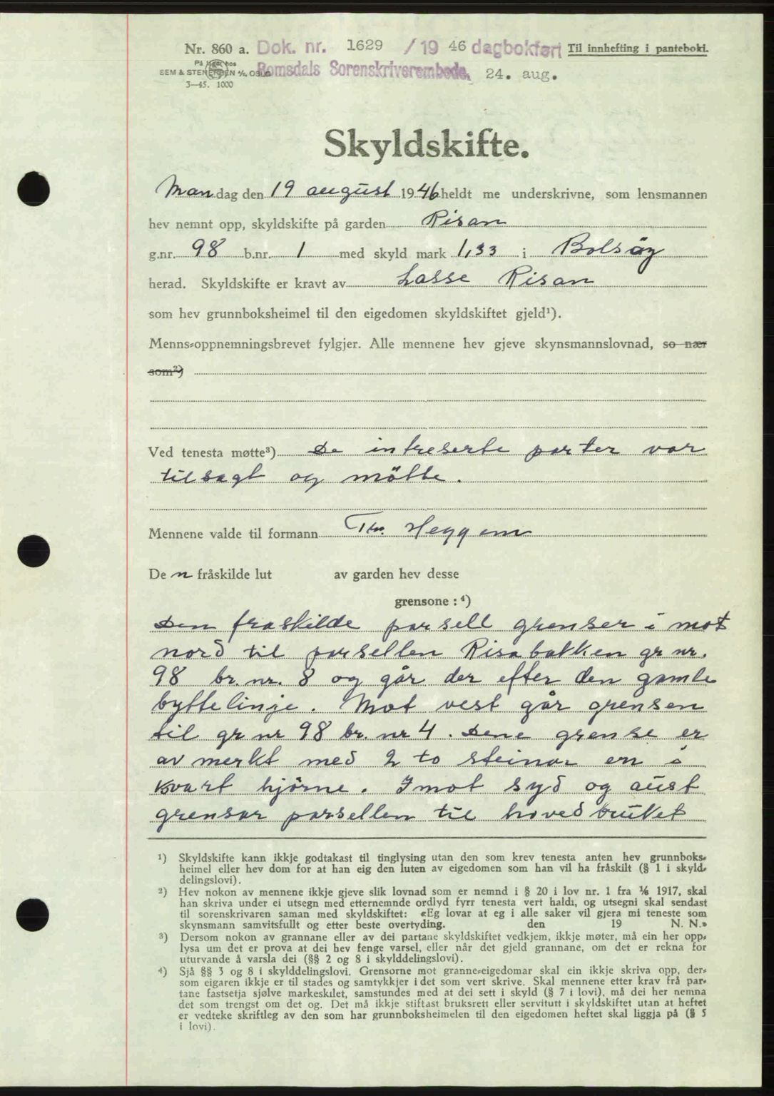 Romsdal sorenskriveri, AV/SAT-A-4149/1/2/2C: Mortgage book no. A20, 1946-1946, Diary no: : 1629/1946