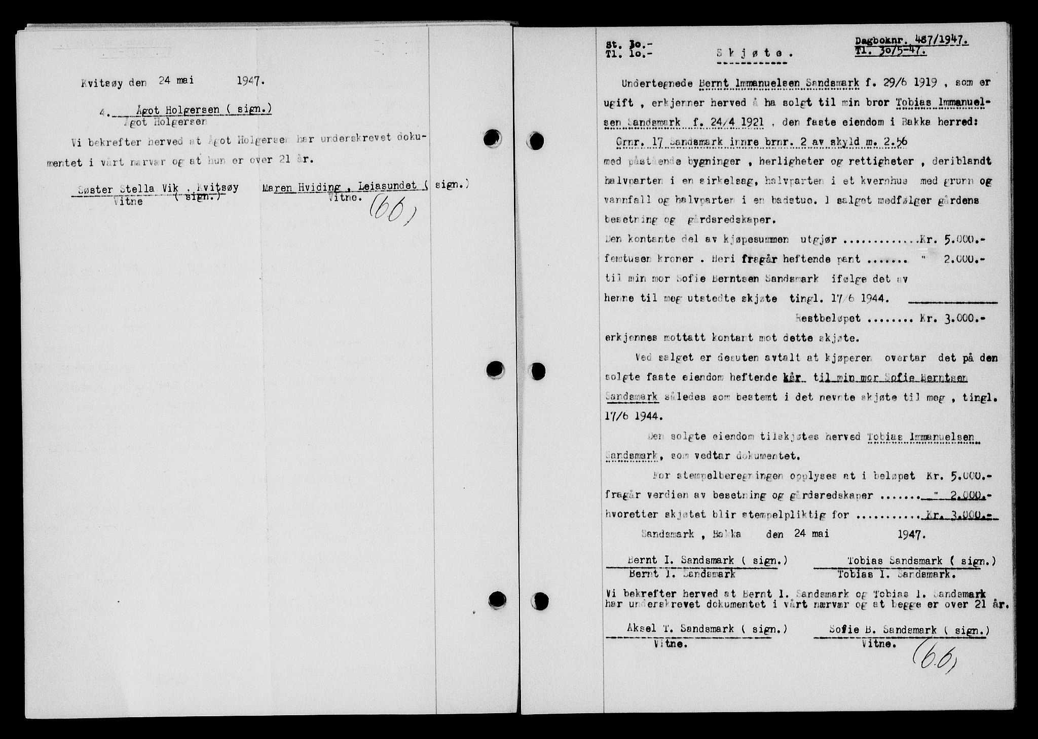 Flekkefjord sorenskriveri, SAK/1221-0001/G/Gb/Gba/L0062: Mortgage book no. A-10, 1947-1947, Diary no: : 487/1947