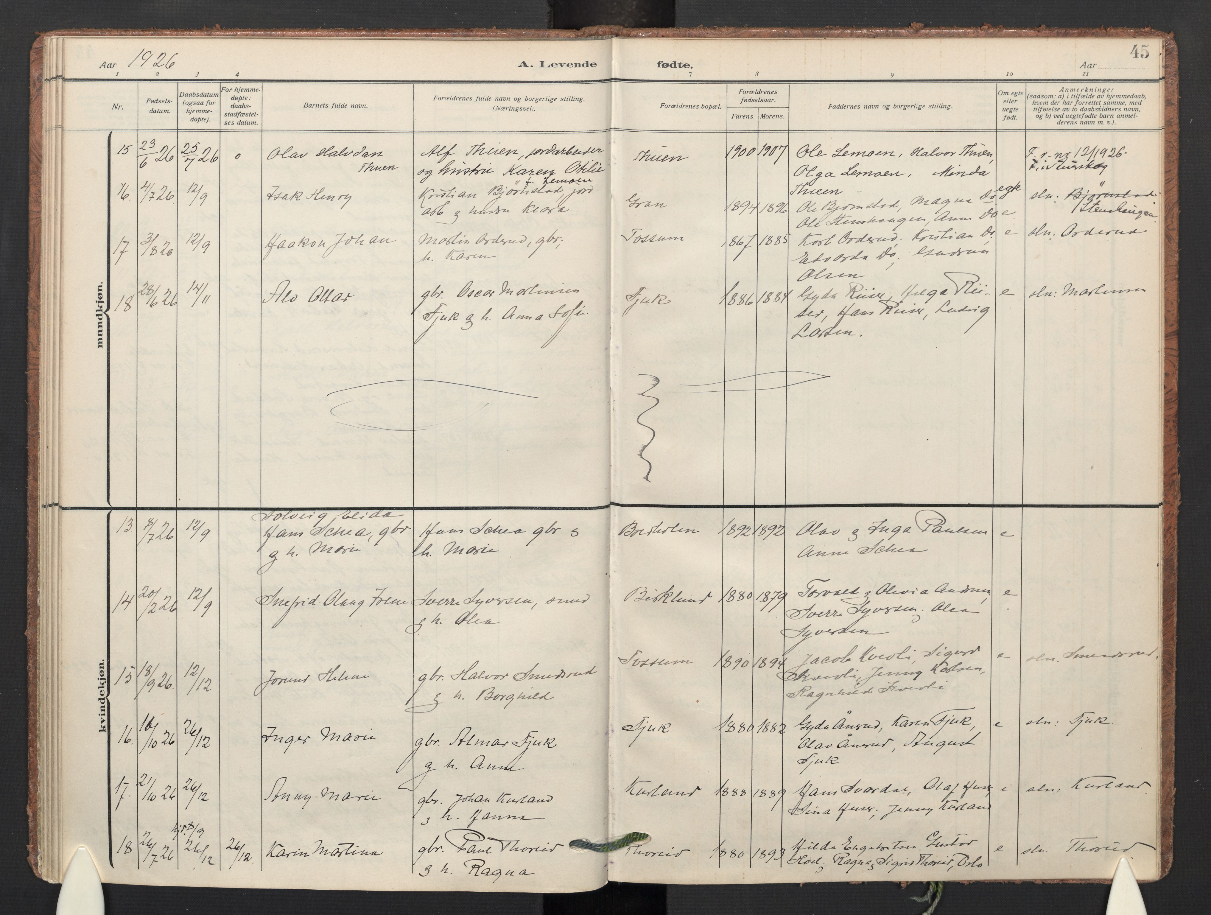 Aurskog prestekontor Kirkebøker, SAO/A-10304a/F/Fb: Parish register (official) no. II 4, 1912-1927, p. 45
