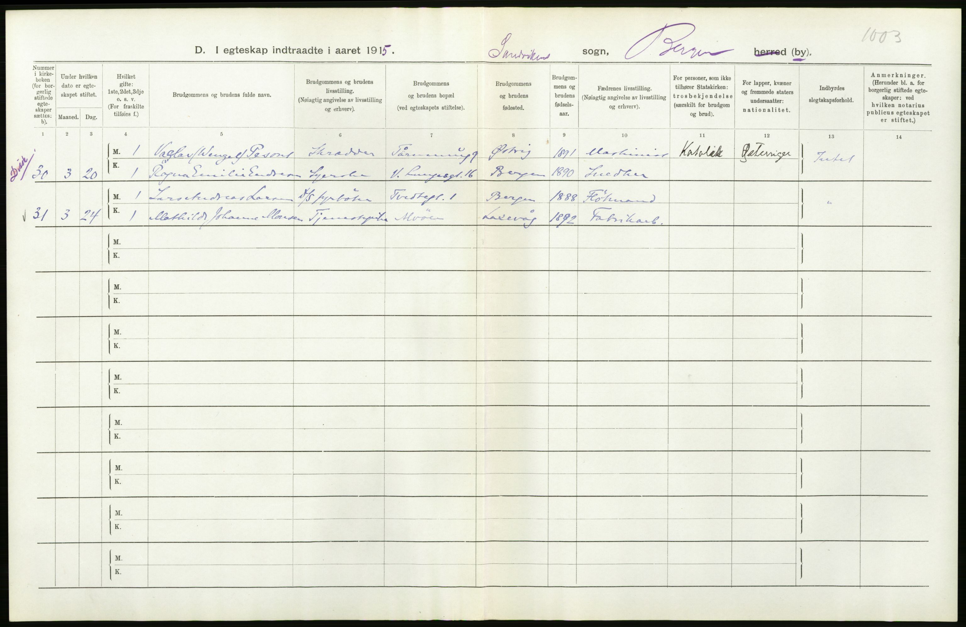 Statistisk sentralbyrå, Sosiodemografiske emner, Befolkning, AV/RA-S-2228/D/Df/Dfb/Dfbe/L0034: Bergen: Gifte, døde, dødfødte., 1915, p. 26