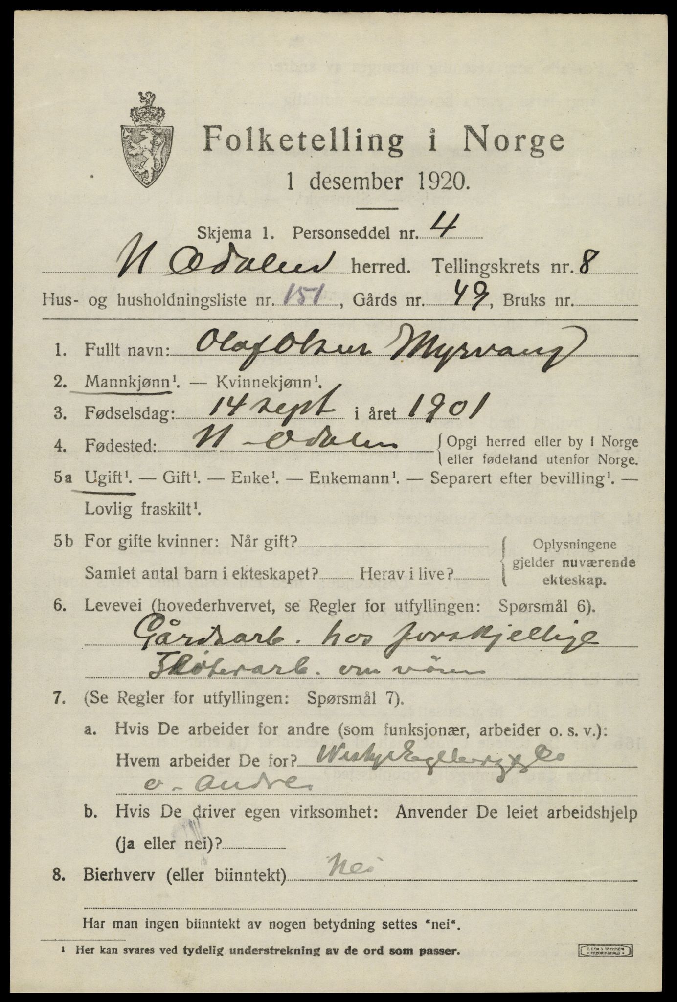 SAH, 1920 census for Nord-Odal, 1920, p. 9567