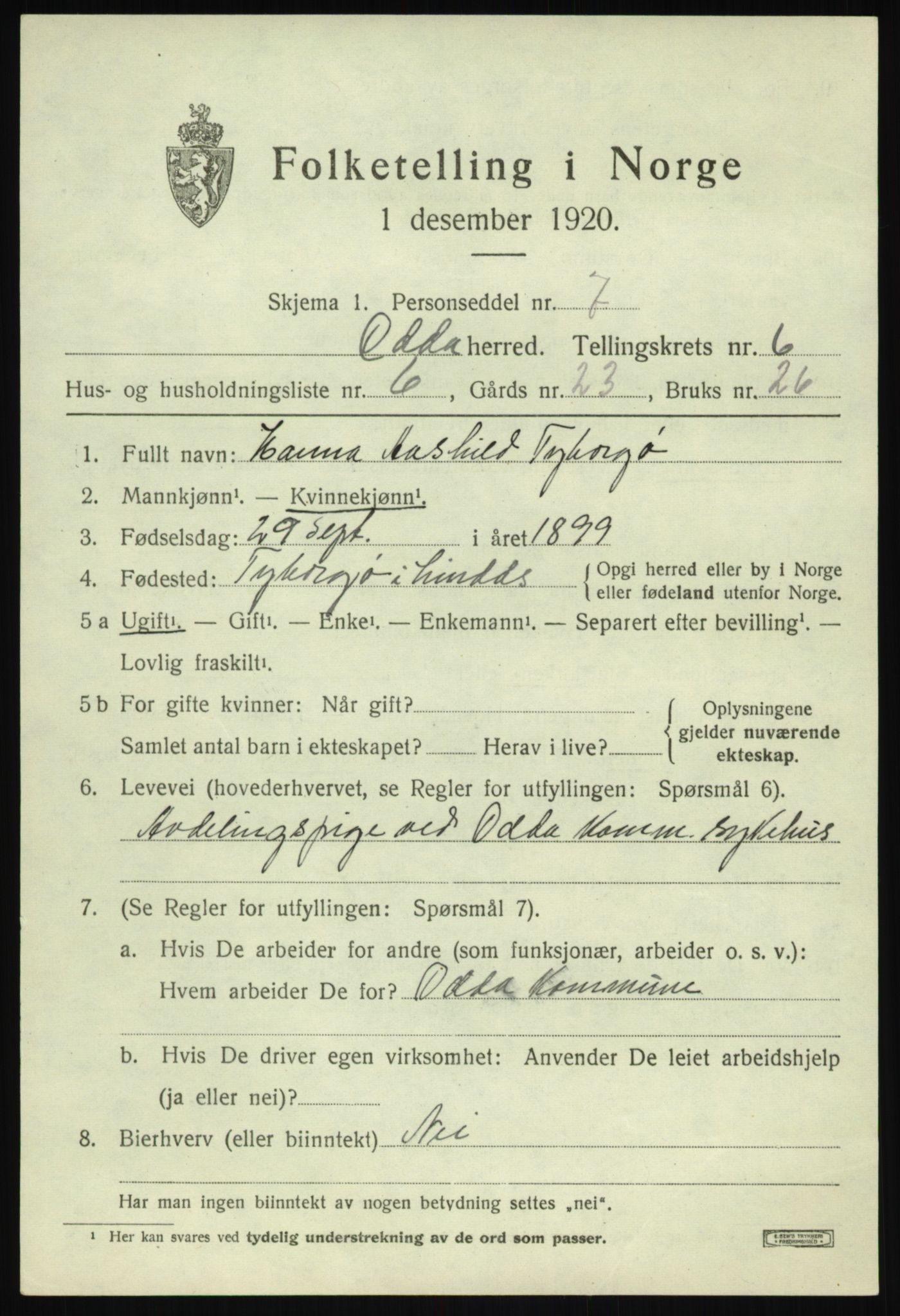 SAB, 1920 census for Odda, 1920, p. 4093