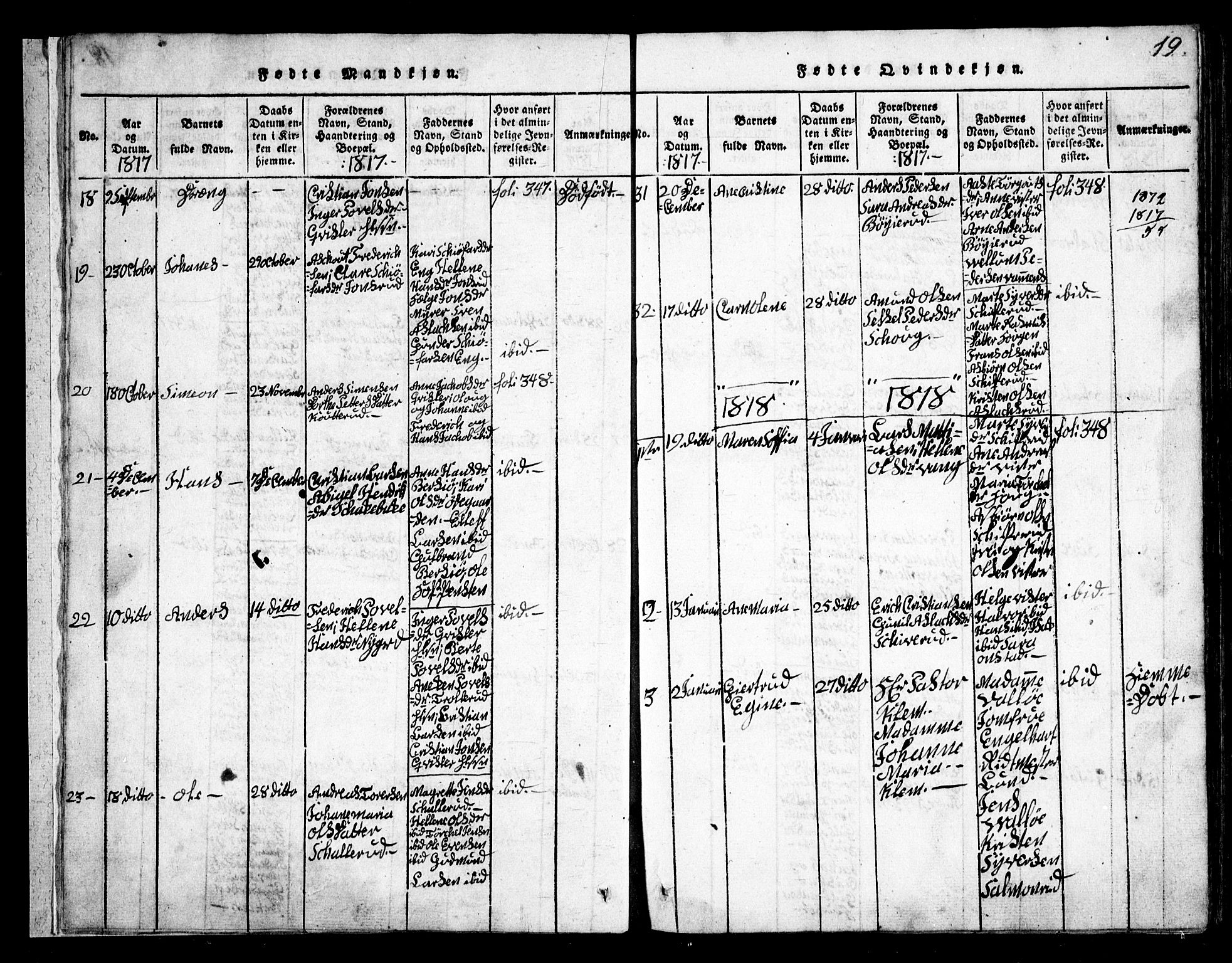 Skiptvet prestekontor Kirkebøker, SAO/A-20009/G/Ga/L0001: Parish register (copy) no. 1, 1815-1838, p. 19