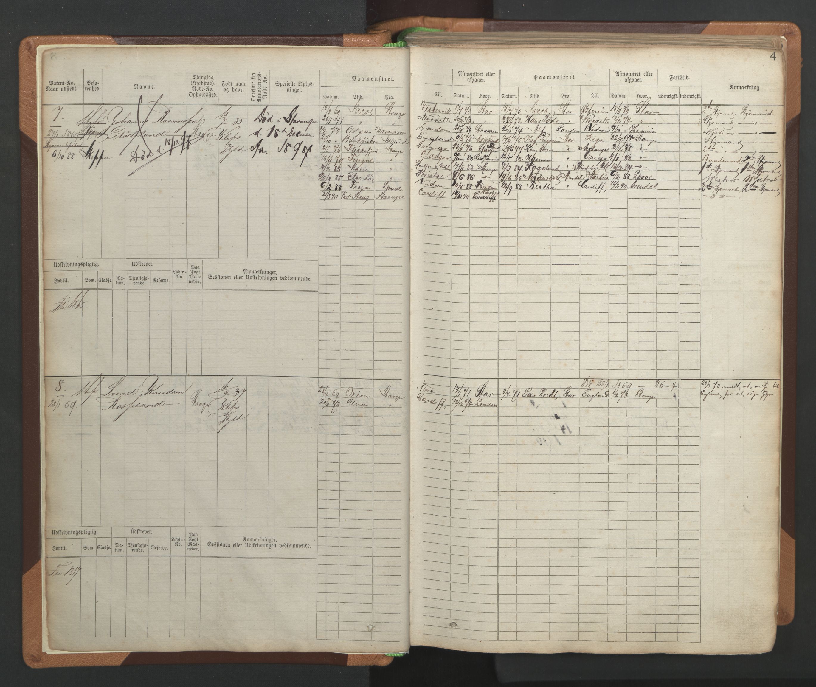 Stavanger sjømannskontor, AV/SAST-A-102006/F/Fb/Fbb/L0004: Sjøfartshovedrulle, patentnr. 1-792 (del 1), 1869-1880, p. 7