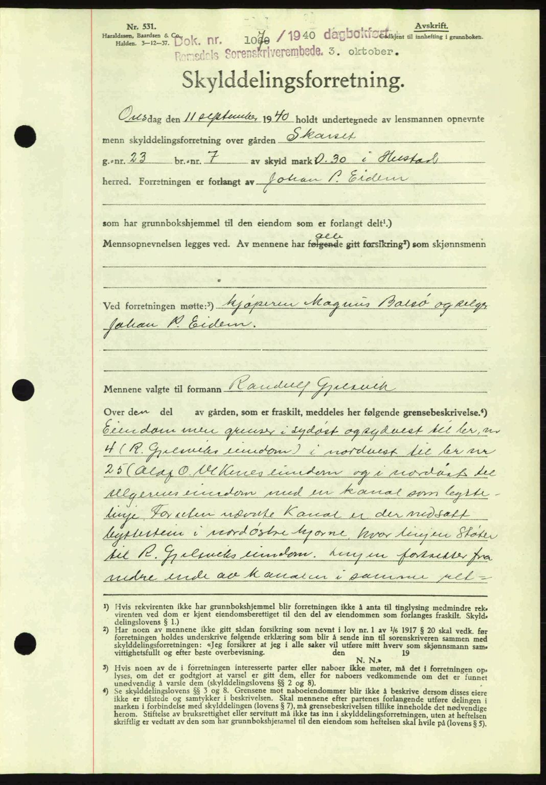 Romsdal sorenskriveri, AV/SAT-A-4149/1/2/2C: Mortgage book no. A8, 1939-1940, Diary no: : 1070/1940