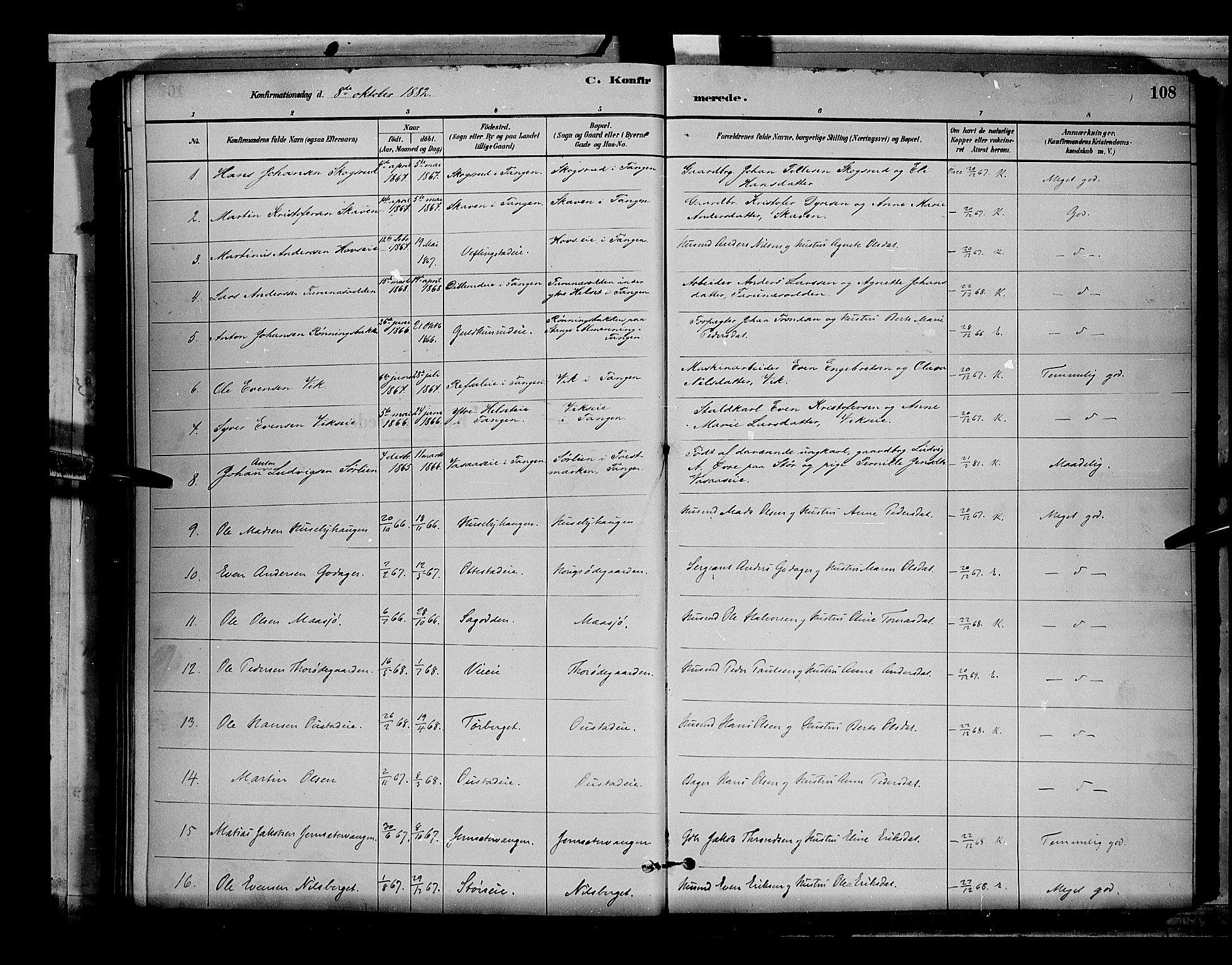 Stange prestekontor, SAH/PREST-002/L/L0008: Parish register (copy) no. 8, 1882-1895, p. 108