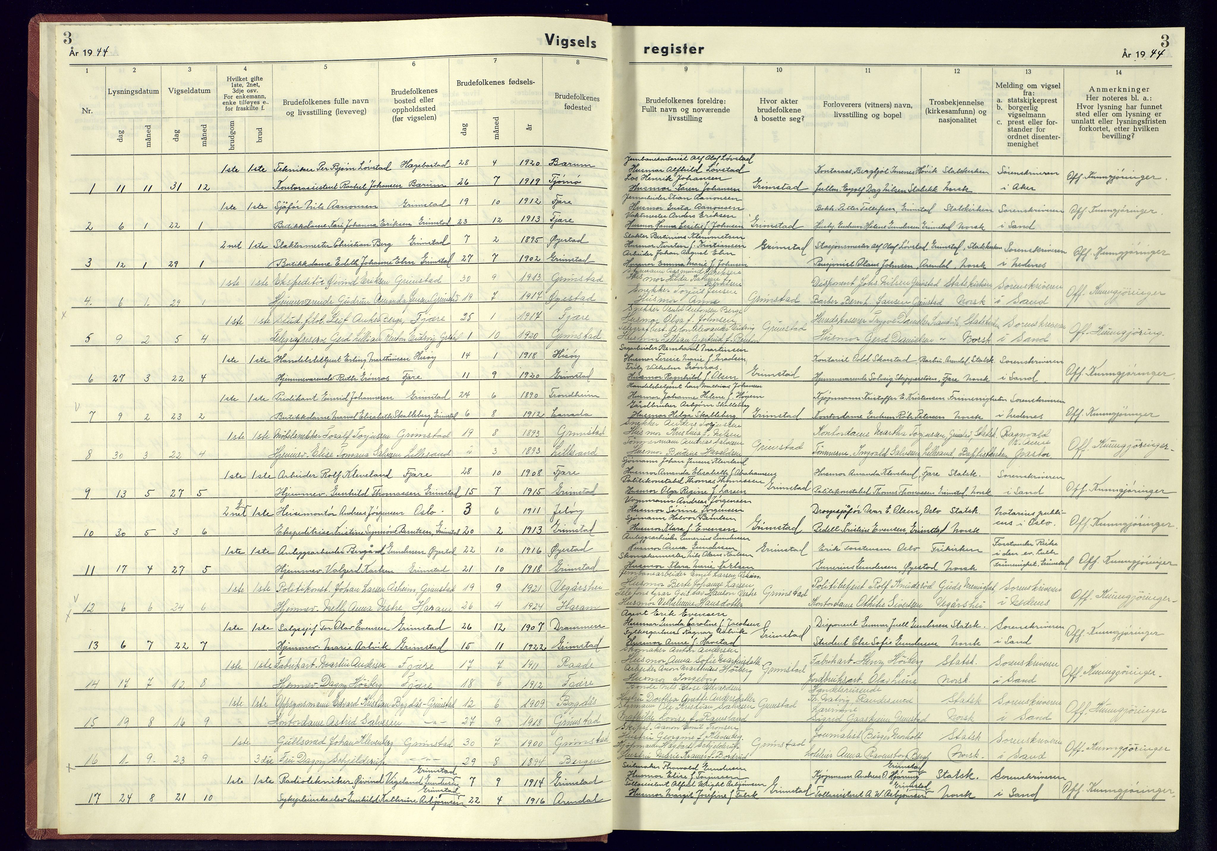 Grimstad sokneprestkontor, AV/SAK-1111-0017/J/Jb/L0002: Marriage register no. II.6.2, 1942-1945, p. 3