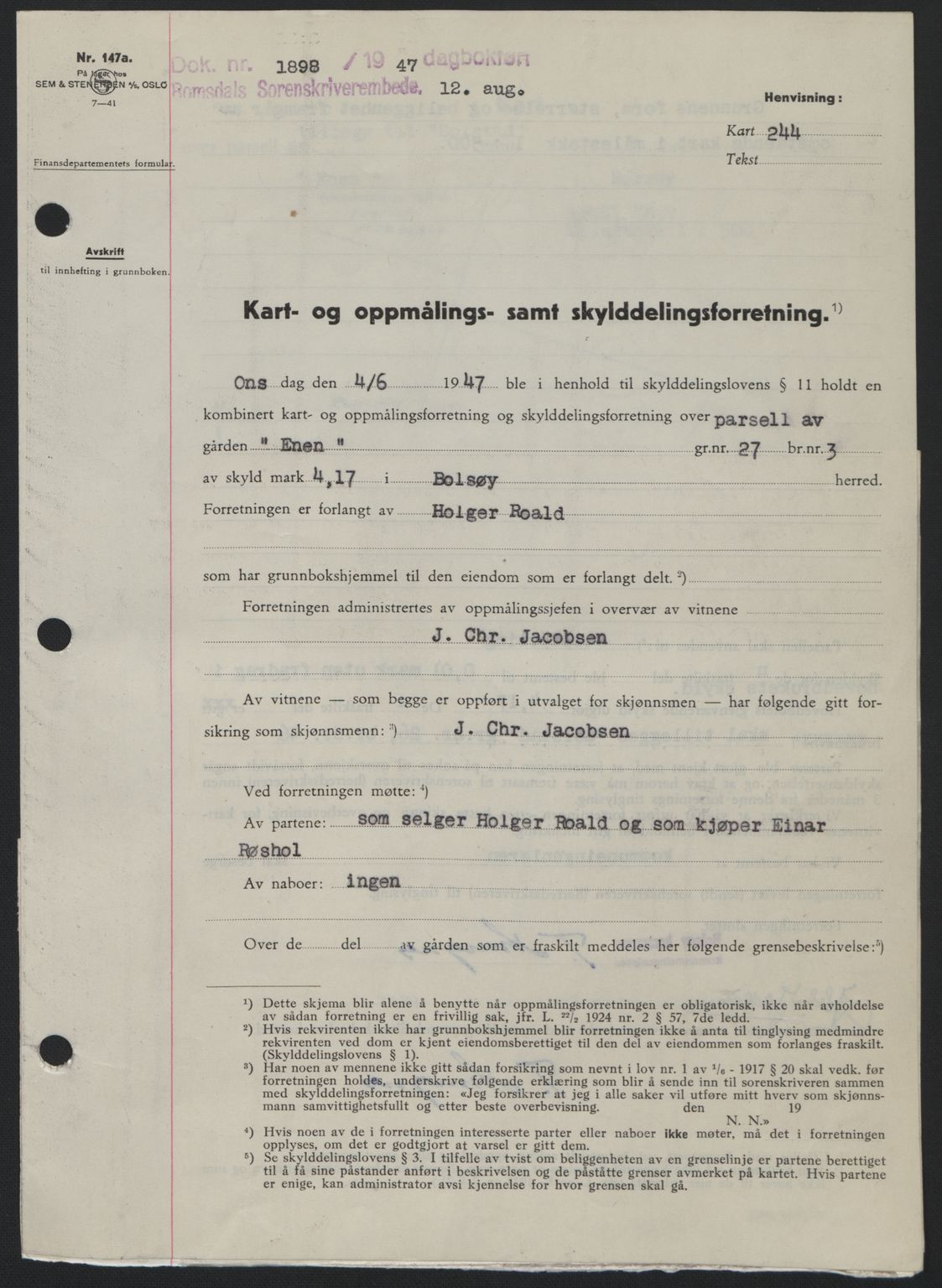 Romsdal sorenskriveri, AV/SAT-A-4149/1/2/2C: Mortgage book no. A23, 1947-1947, Diary no: : 1898/1947