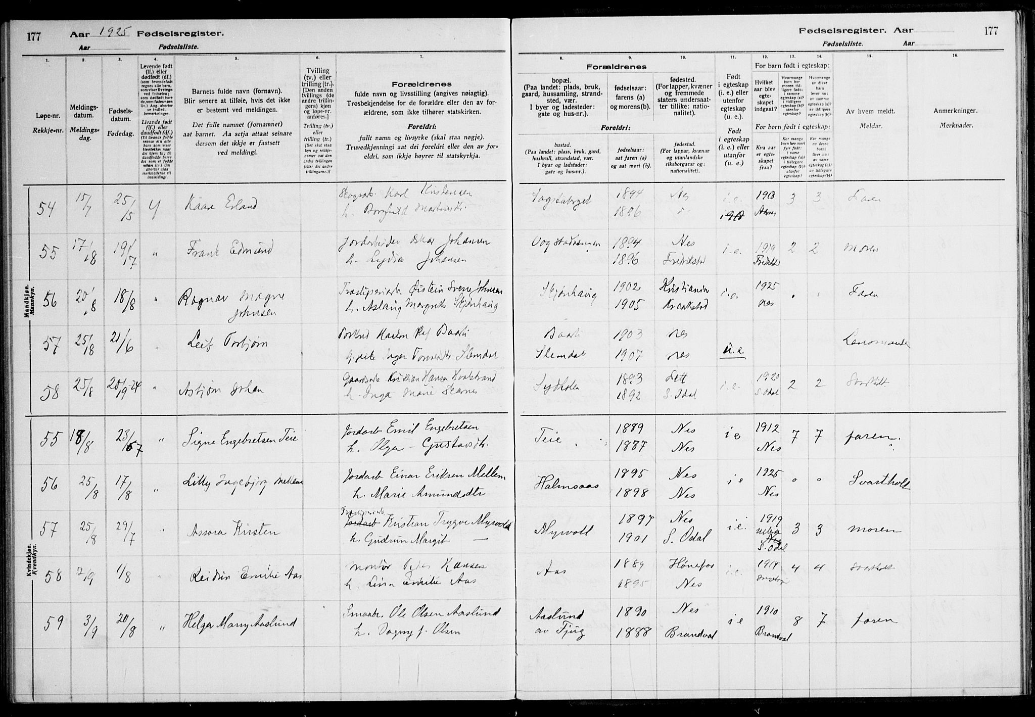 Nes prestekontor Kirkebøker, AV/SAO-A-10410/J/Ja/L0001: Birth register no. 1, 1916-1926, p. 177