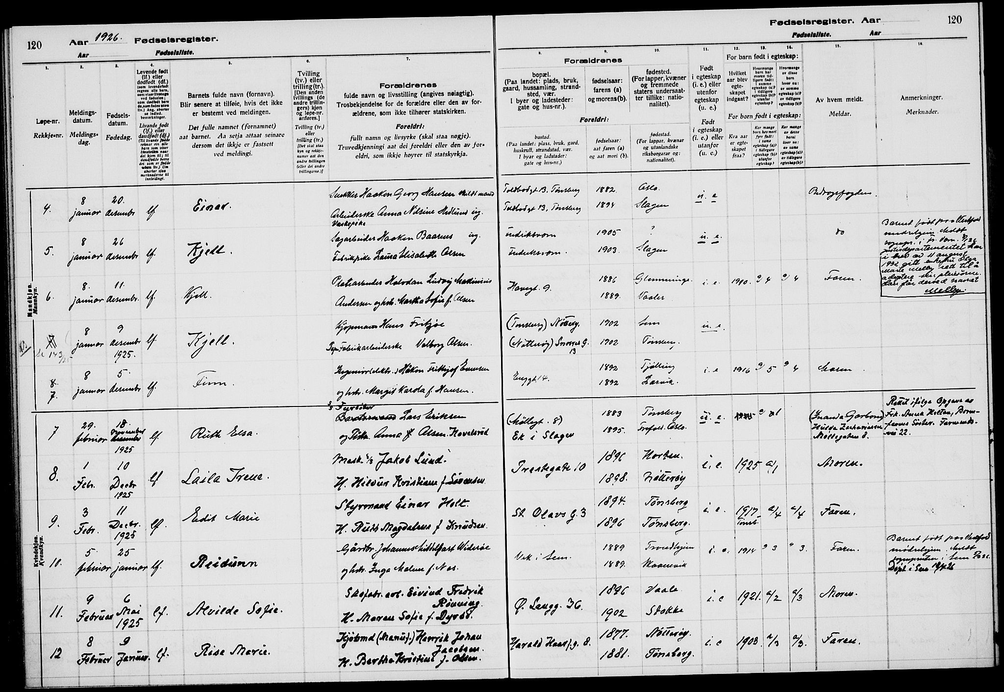 Tønsberg kirkebøker, AV/SAKO-A-330/J/Ja/L0002: Birth register no. 2, 1922-1928, p. 120