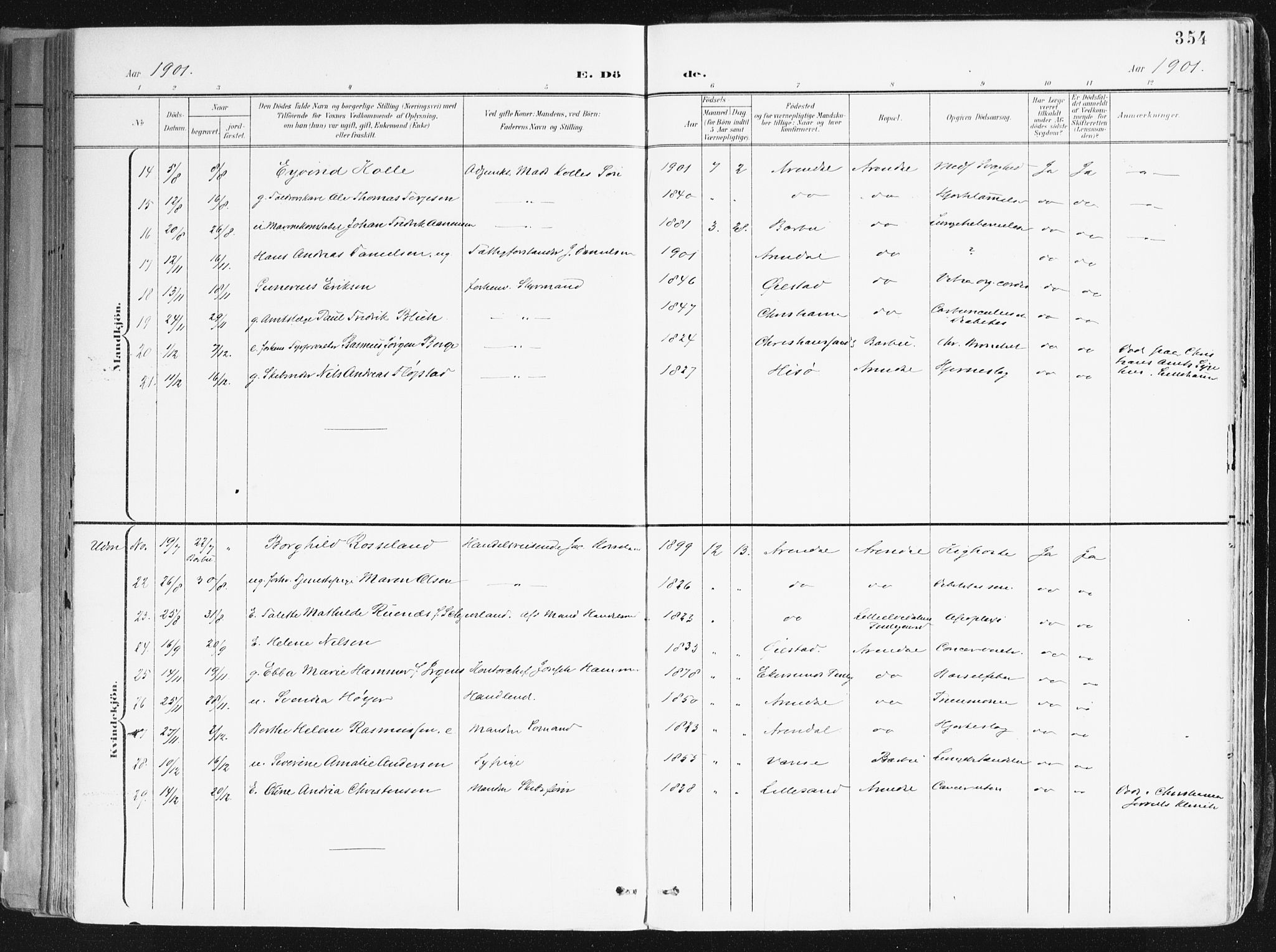 Arendal sokneprestkontor, Trefoldighet, AV/SAK-1111-0040/F/Fa/L0010: Parish register (official) no. A 10, 1900-1919, p. 354