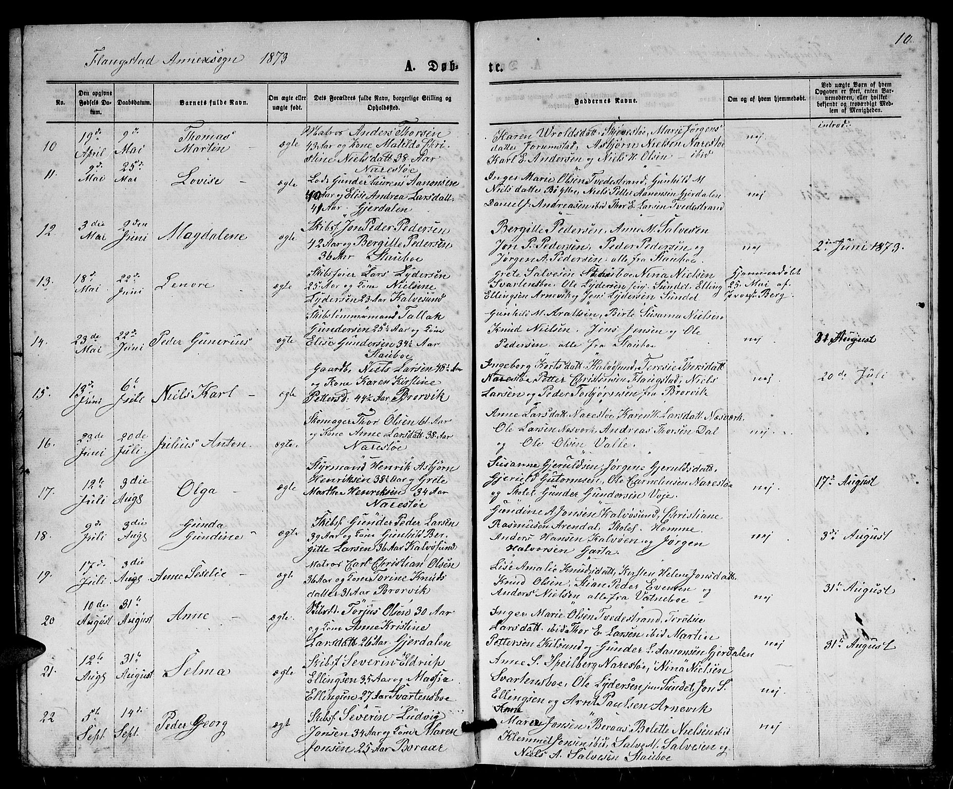 Dypvåg sokneprestkontor, SAK/1111-0007/F/Fb/Fbb/L0003: Parish register (copy) no. B 3, 1872-1886, p. 10