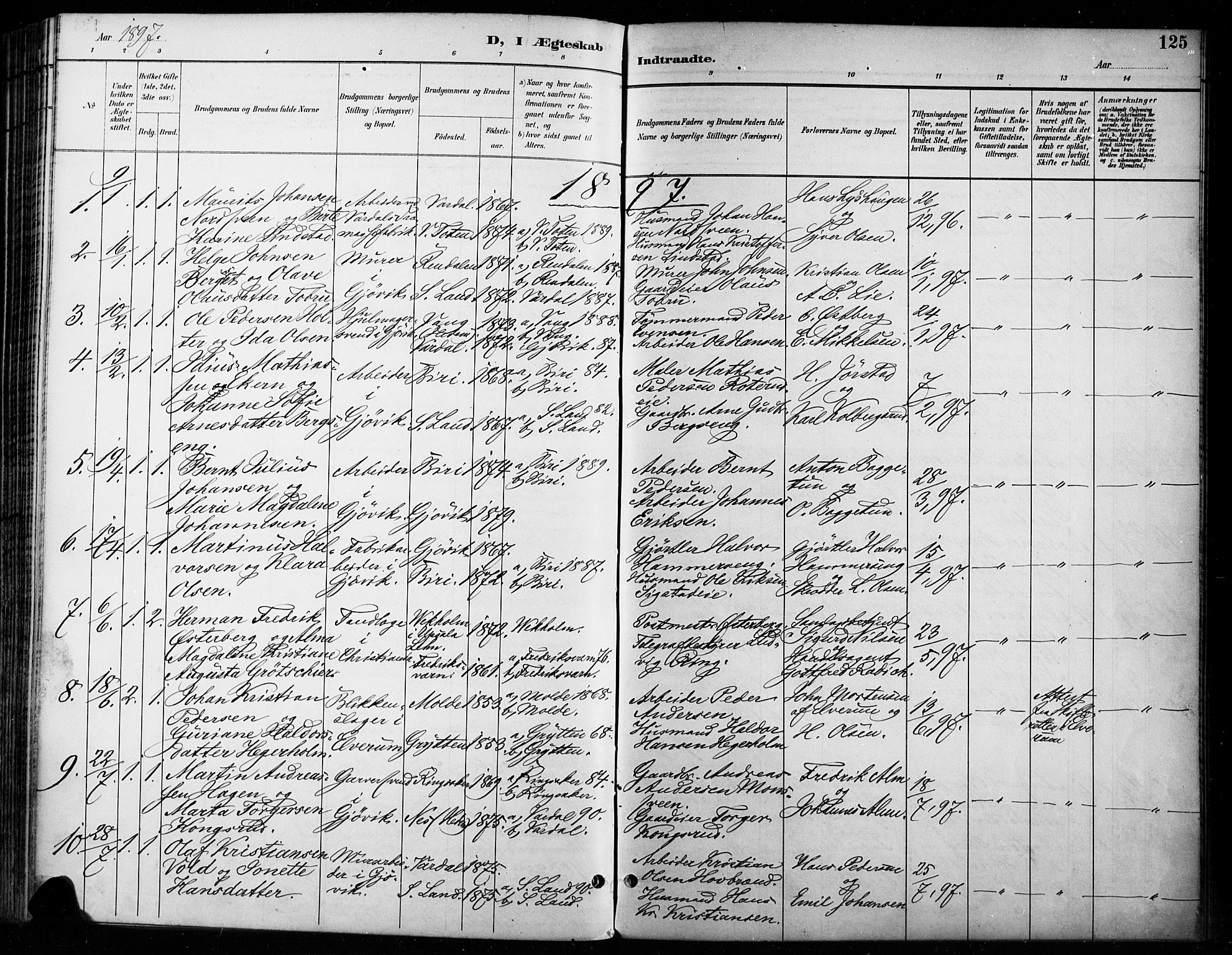 Vardal prestekontor, SAH/PREST-100/H/Ha/Haa/L0011: Parish register (official) no. 11, 1891-1901, p. 125