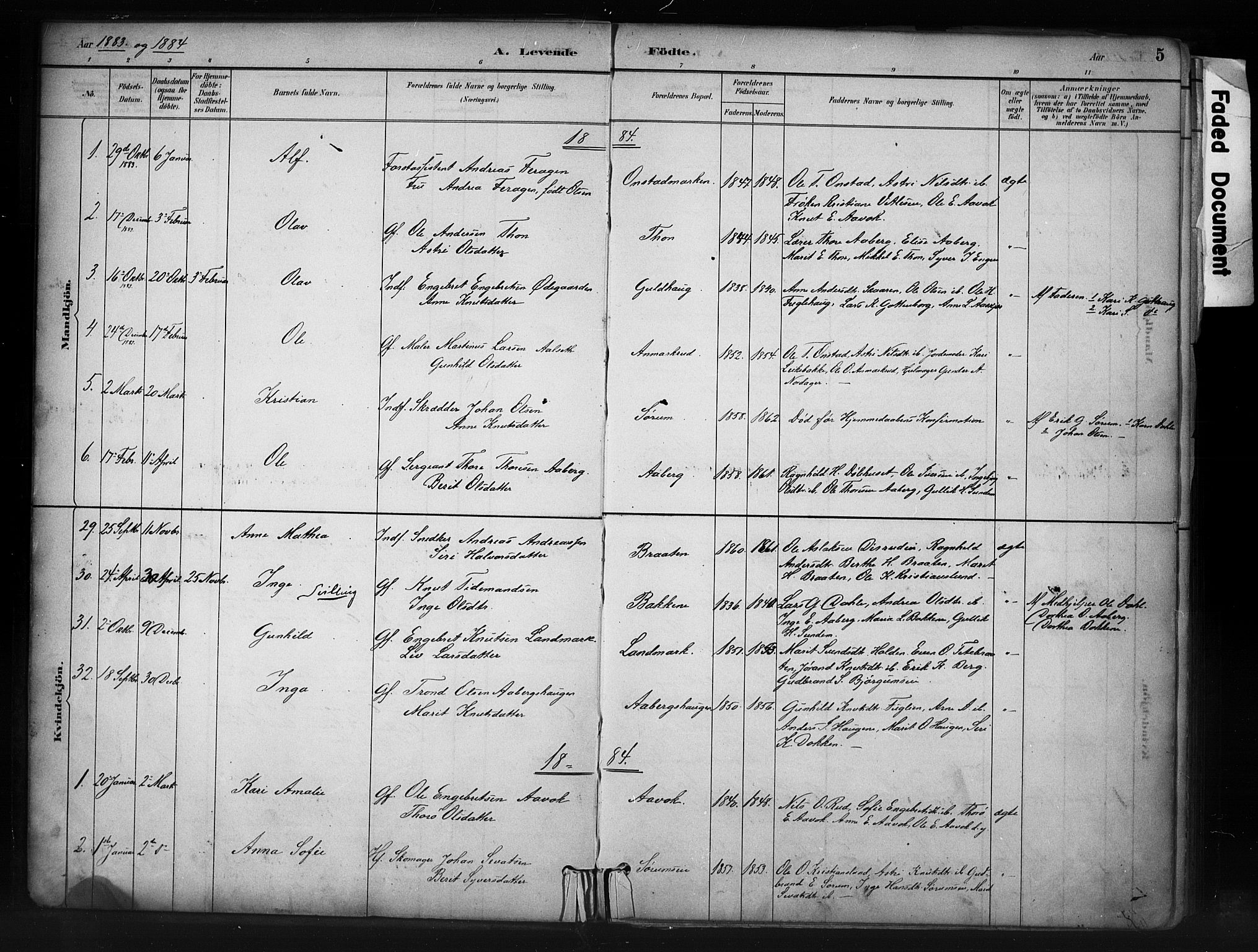 Nord-Aurdal prestekontor, SAH/PREST-132/H/Ha/Haa/L0013: Parish register (official) no. 13, 1883-1895, p. 5