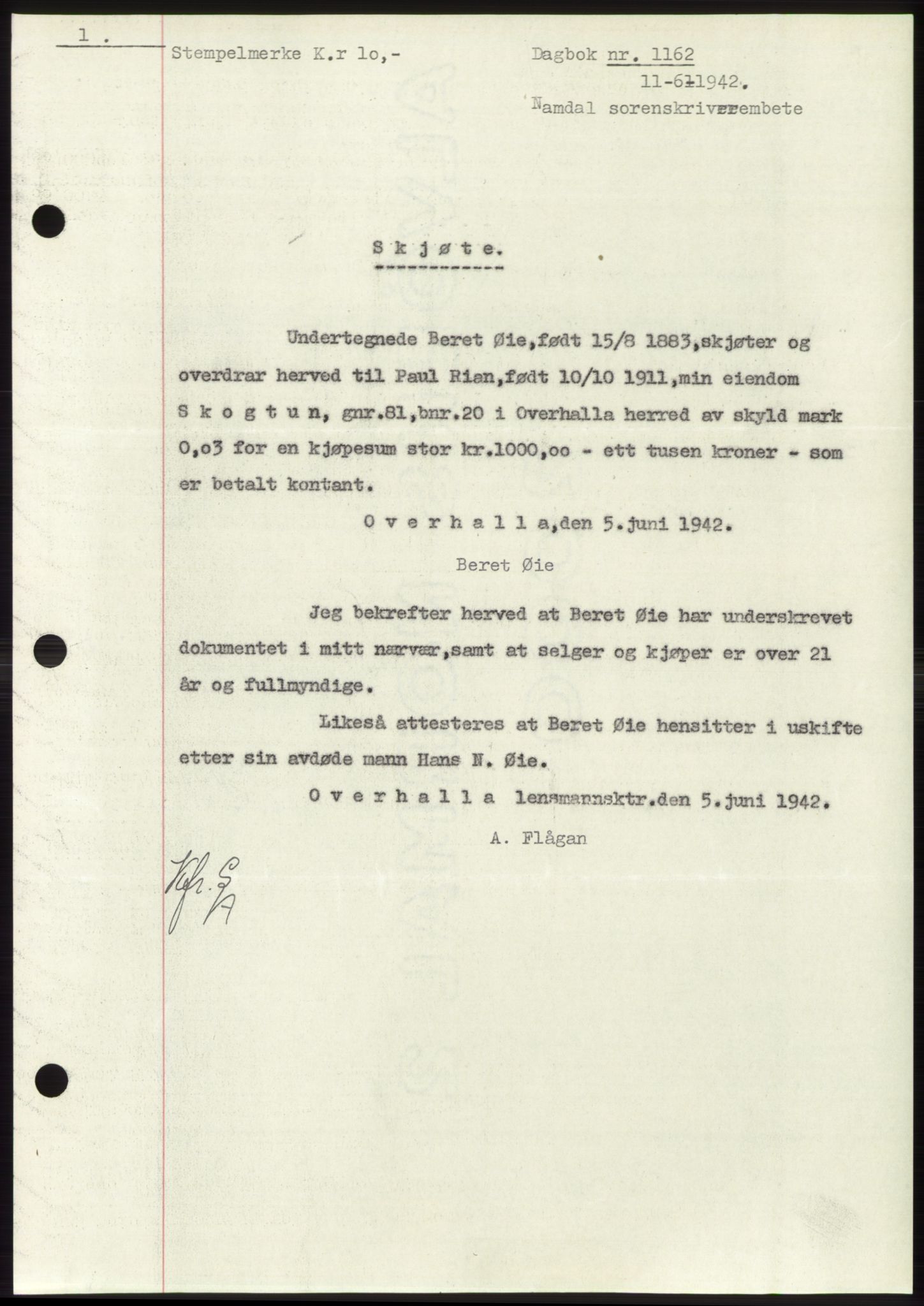 Namdal sorenskriveri, SAT/A-4133/1/2/2C: Mortgage book no. -, 1941-1942, Diary no: : 1162/1942