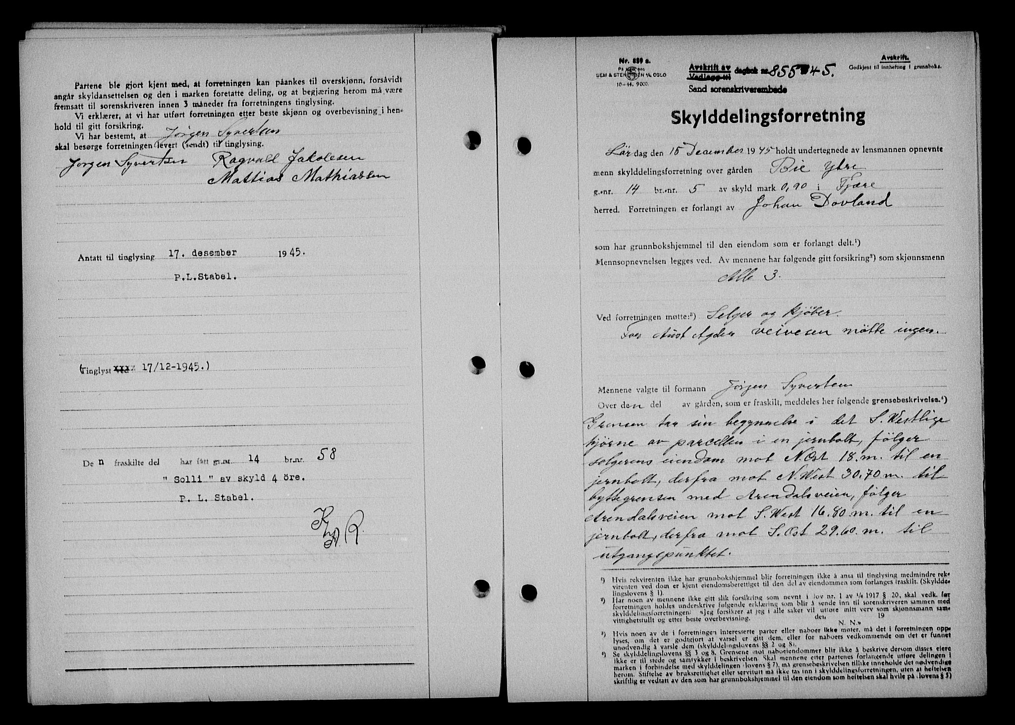 Vestre Nedenes/Sand sorenskriveri, AV/SAK-1221-0010/G/Gb/Gba/L0054: Mortgage book no. A 7, 1945-1946, Diary no: : 855/1945