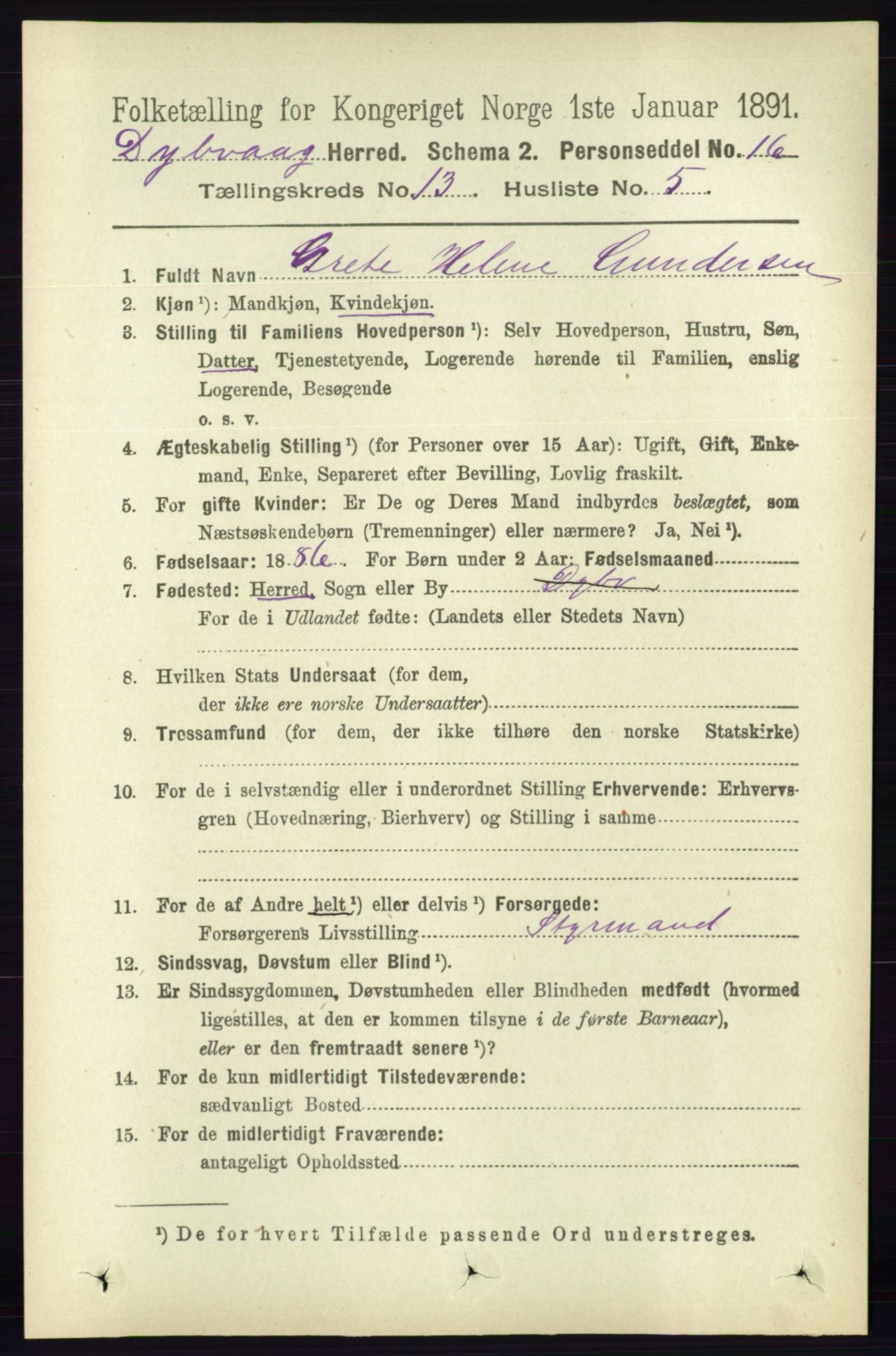 RA, 1891 census for 0915 Dypvåg, 1891, p. 5333