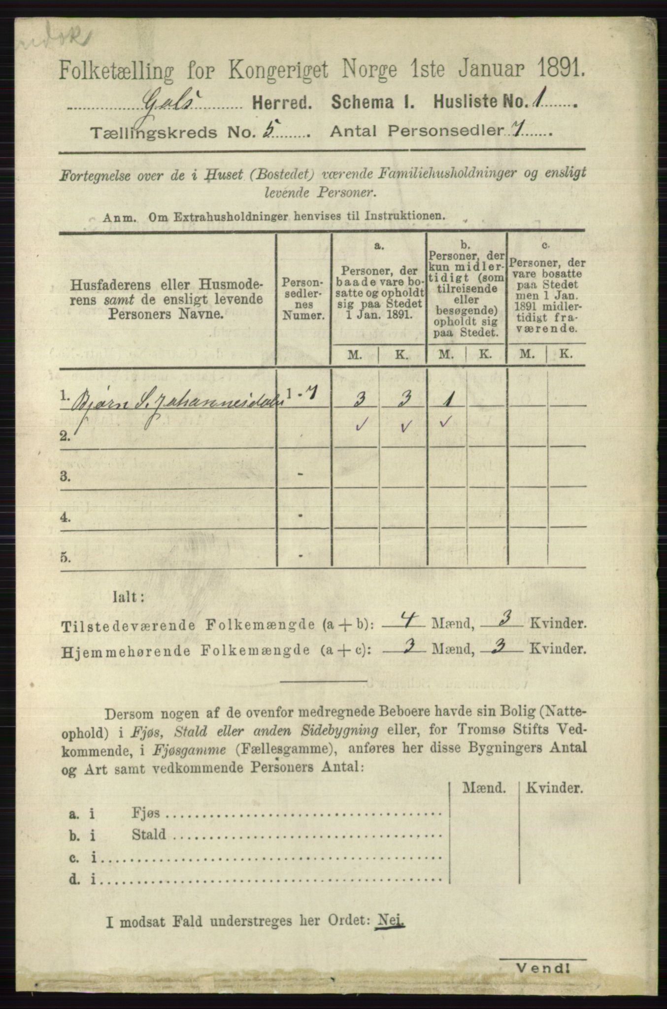 RA, 1891 census for 0617 Gol og Hemsedal, 1891, p. 2296