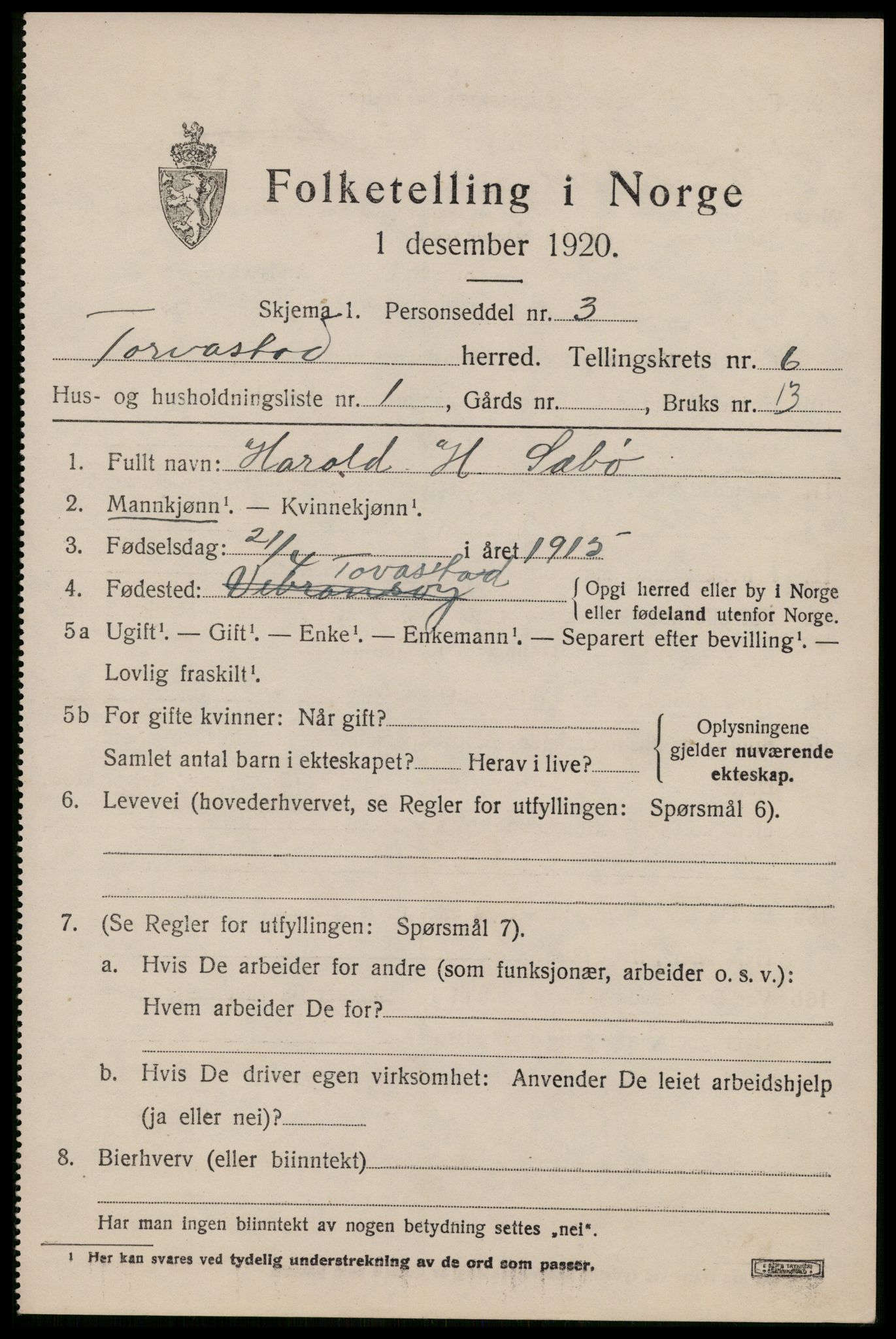 SAST, 1920 census for Torvastad, 1920, p. 4908