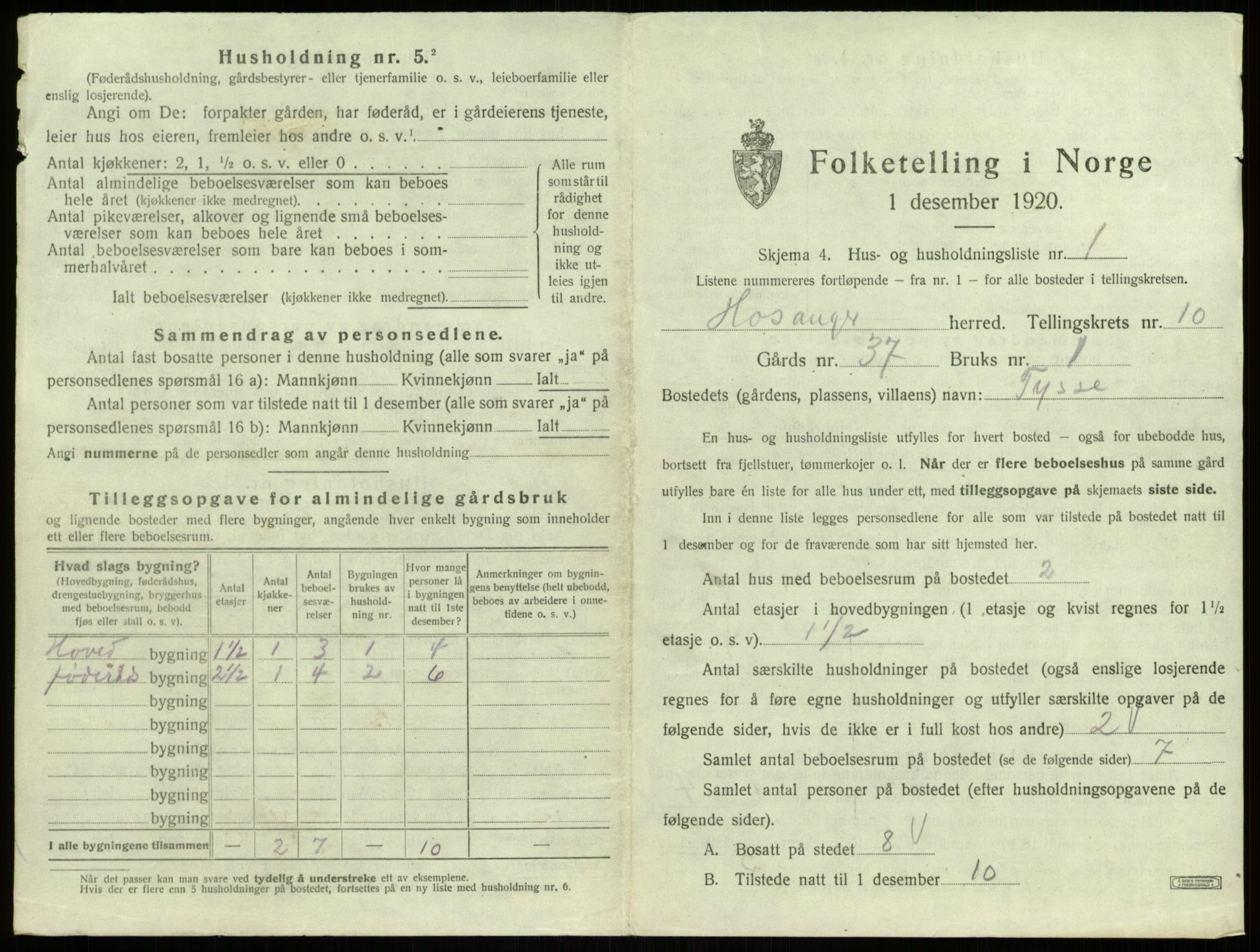 SAB, 1920 census for Hosanger, 1920, p. 538