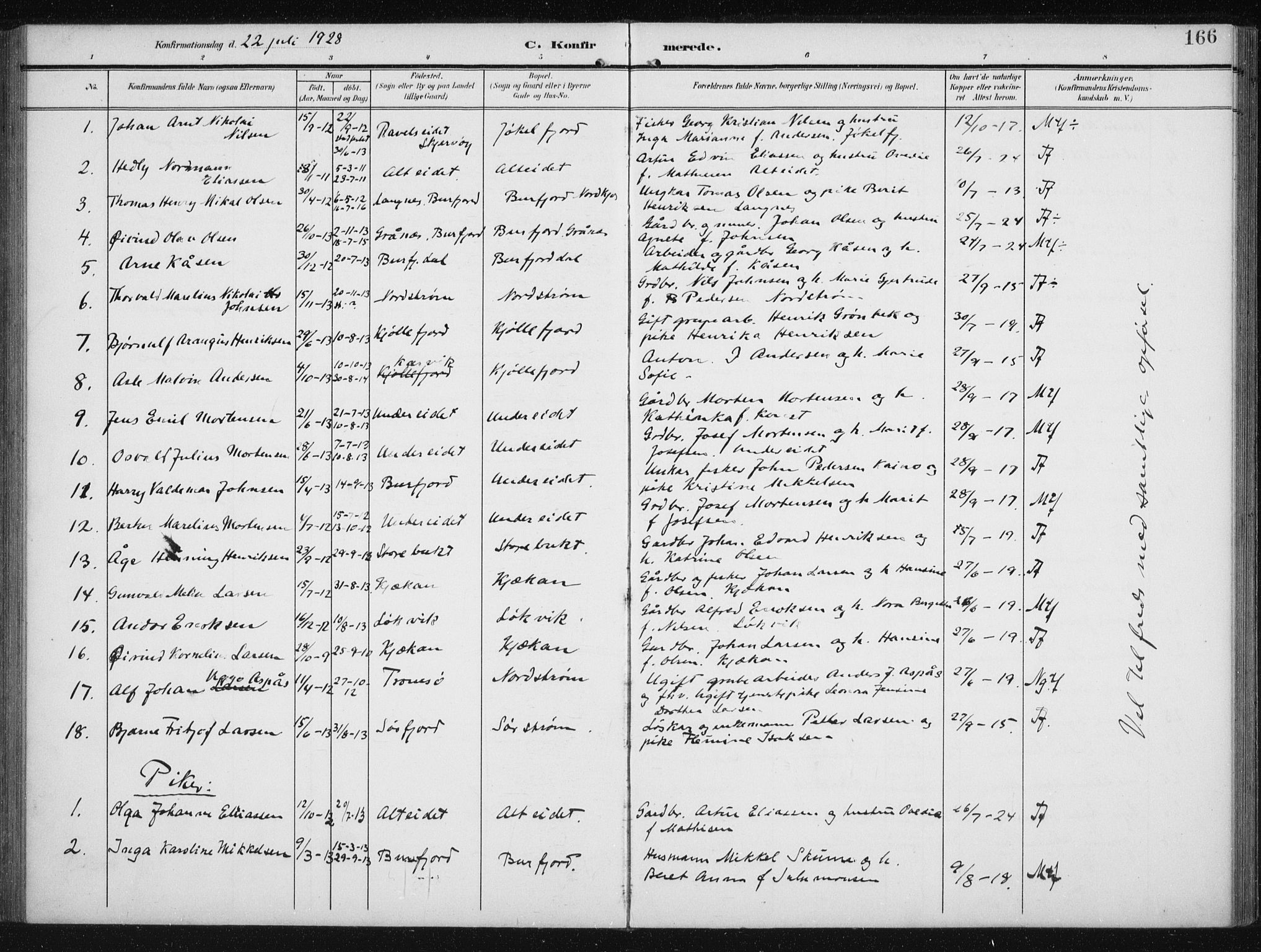 Skjervøy sokneprestkontor, AV/SATØ-S-1300/H/Ha/Hab/L0017klokker: Parish register (copy) no. 17, 1906-1941, p. 166