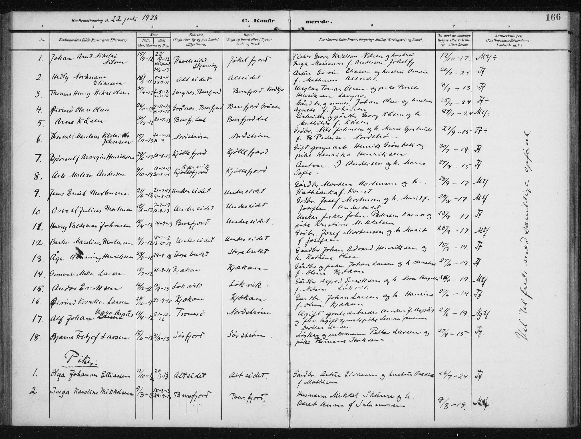 Skjervøy sokneprestkontor, SATØ/S-1300/H/Ha/Hab/L0017klokker: Parish register (copy) no. 17, 1906-1941, p. 166