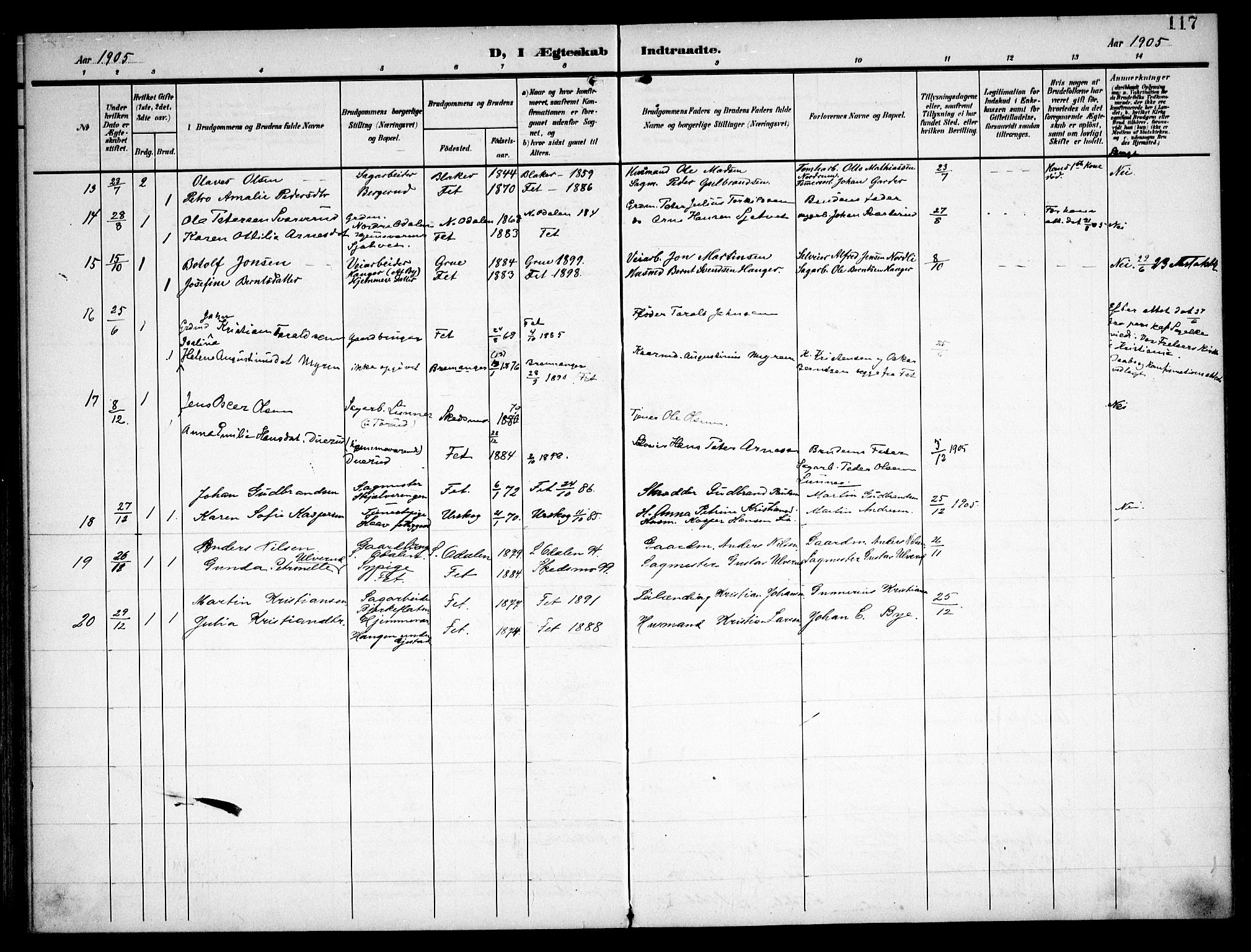 Fet prestekontor Kirkebøker, AV/SAO-A-10370a/F/Fa/L0016: Parish register (official) no. I 16, 1905-1914, p. 117