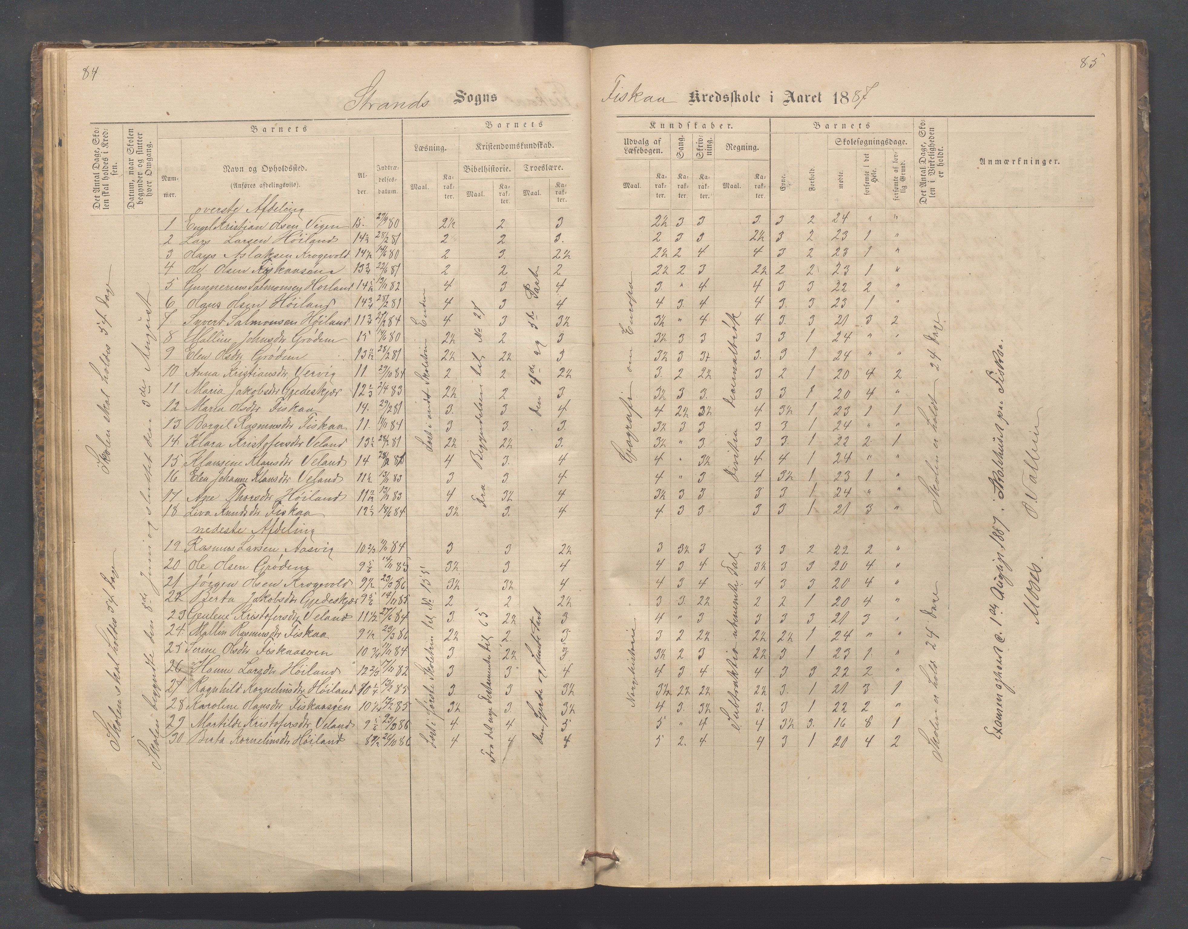 Strand kommune - Fiskå skole, IKAR/A-155/H/L0001: Skoleprotokoll for Krogevoll,Fiskå, Amdal og Vatland krets, 1874-1891, p. 84-85