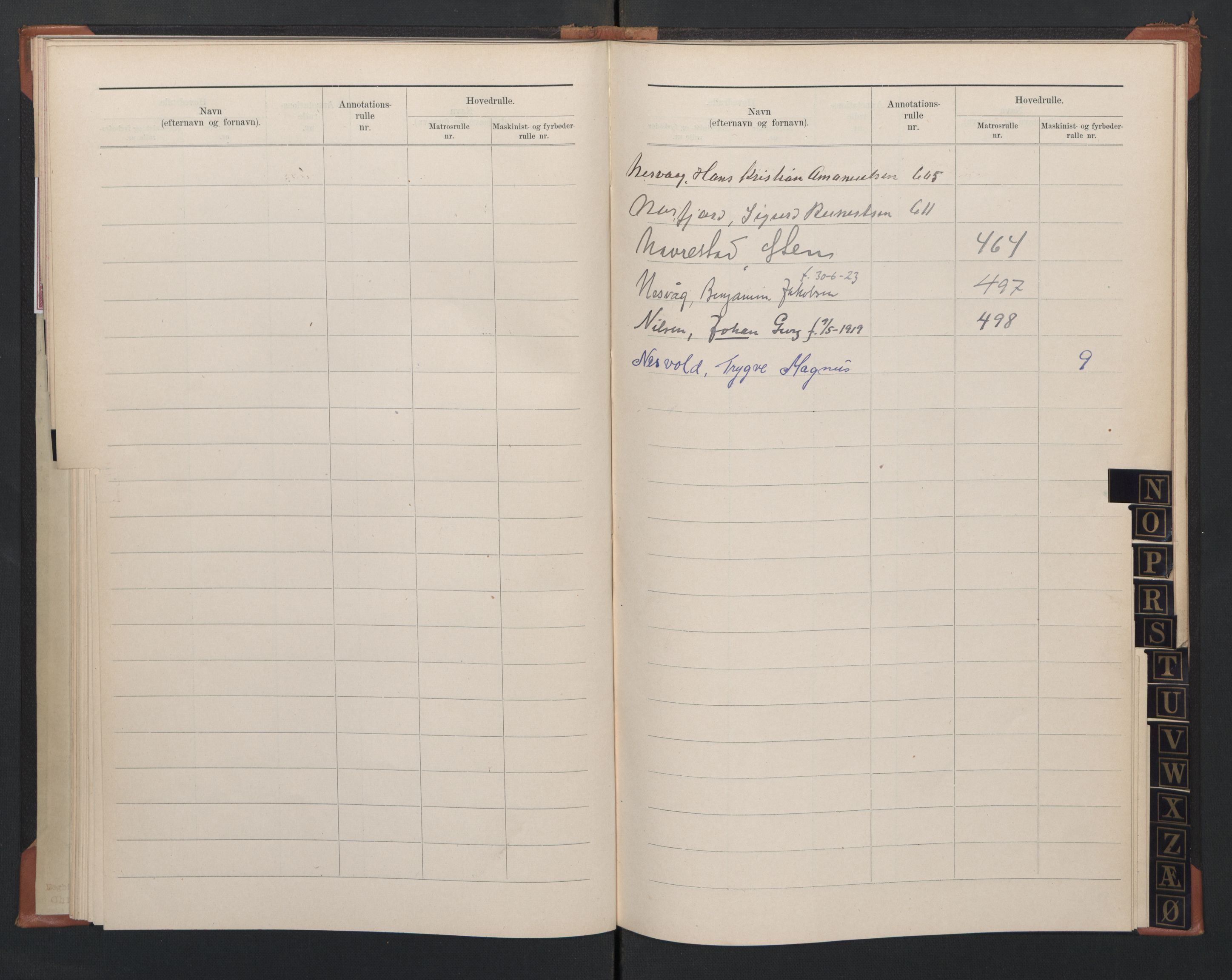 Sogndal mønstringskrets, SAK/2031-0020/F/Fb/L0004: Register til annotasjonsrulle nr 571-635, hovedrulle A nr 456-511 og hovedrulle B nr 3-9, P-5, 1910-1948, p. 16