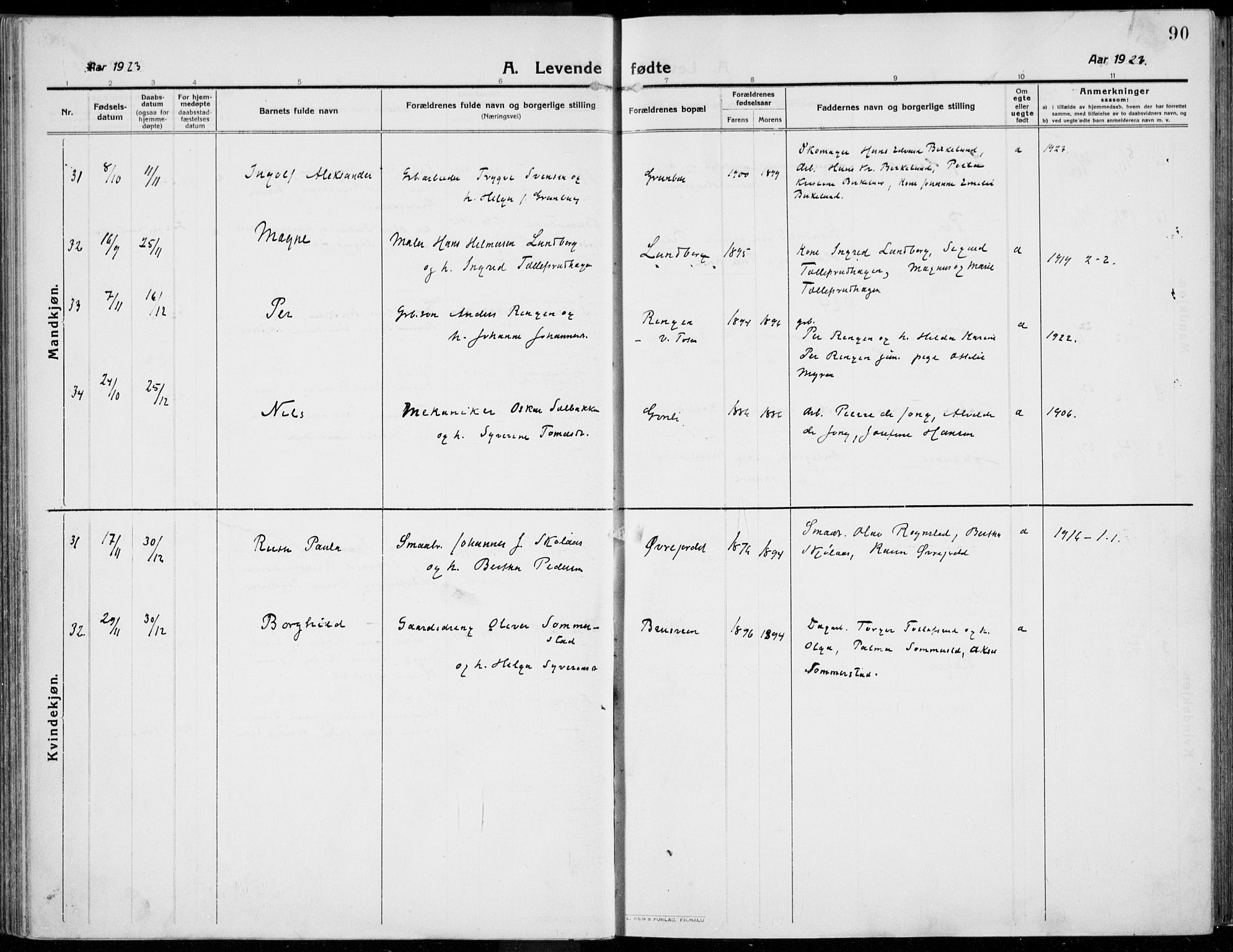 Kolbu prestekontor, SAH/PREST-110/H/Ha/Haa/L0002: Parish register (official) no. 2, 1912-1926, p. 90