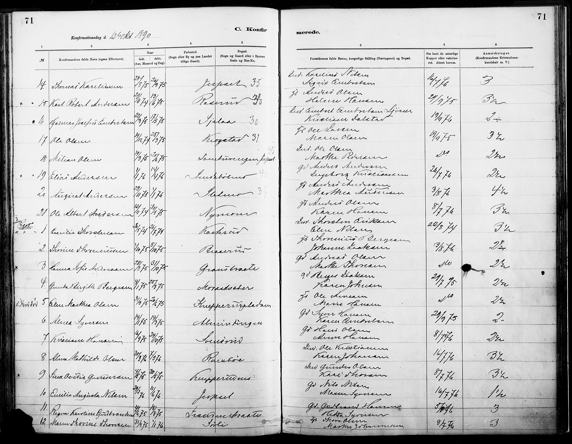 Eidskog prestekontor, SAH/PREST-026/H/Ha/Haa/L0004: Parish register (official) no. 4, 1884-1897, p. 71