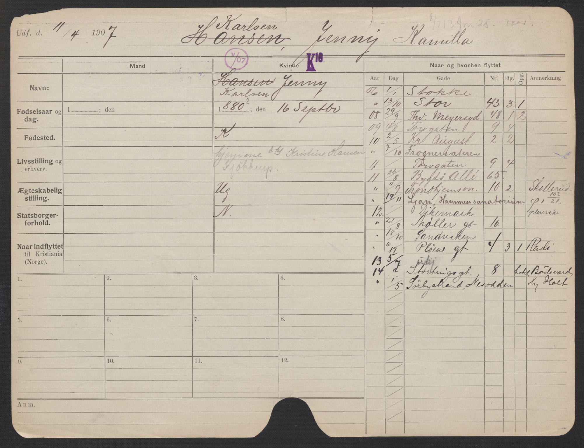 Oslo folkeregister, Registerkort, AV/SAO-A-11715/F/Fa/Fac/L0018: Kvinner, 1906-1914, p. 855a