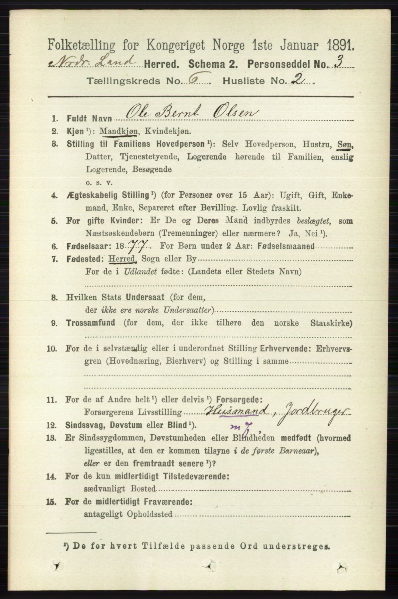 RA, 1891 census for 0538 Nordre Land, 1891, p. 1792