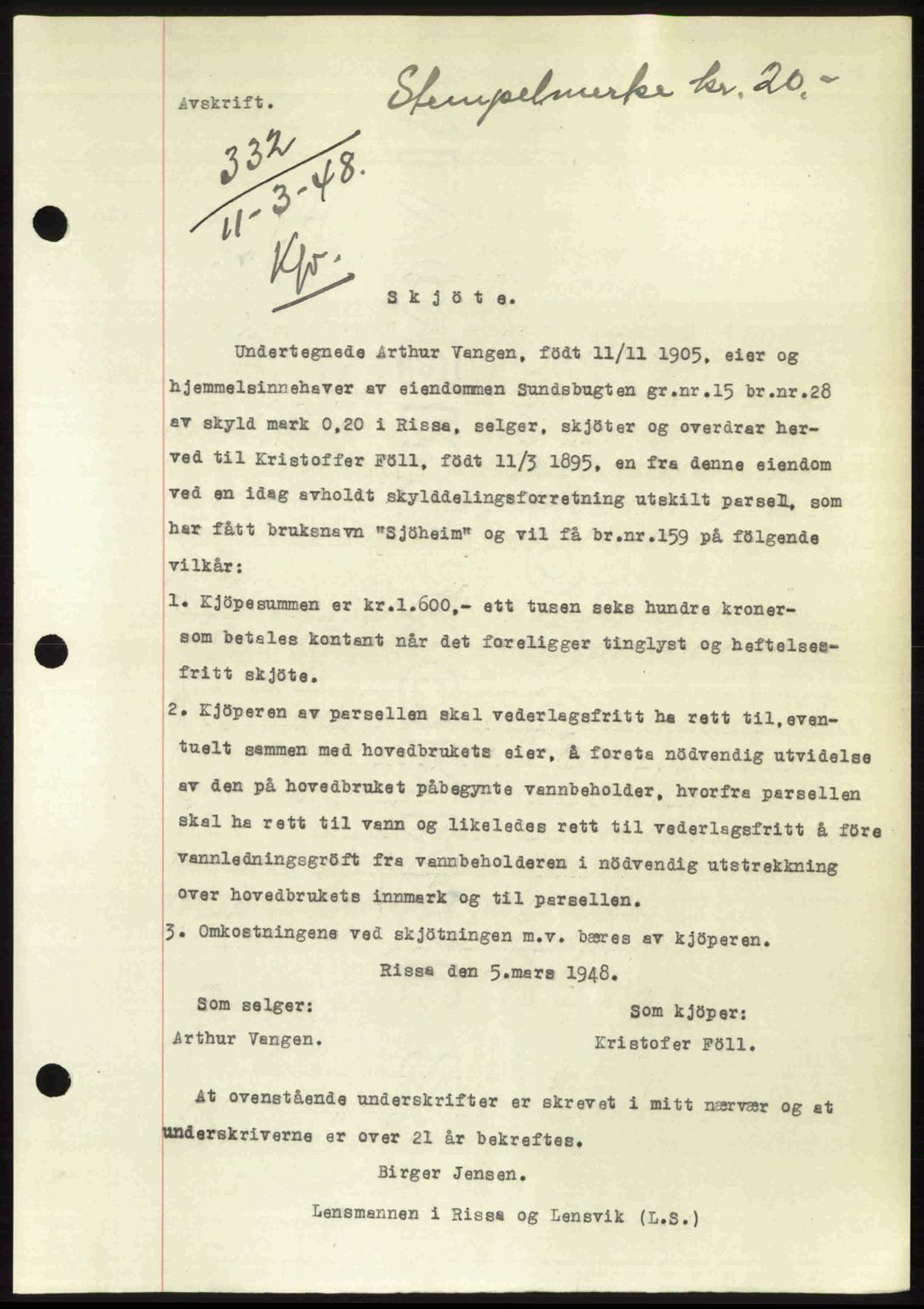 Fosen sorenskriveri, AV/SAT-A-1107/1/2/2C: Mortgage book no. A7-9, 1947-1949, Diary no: : 332/1948