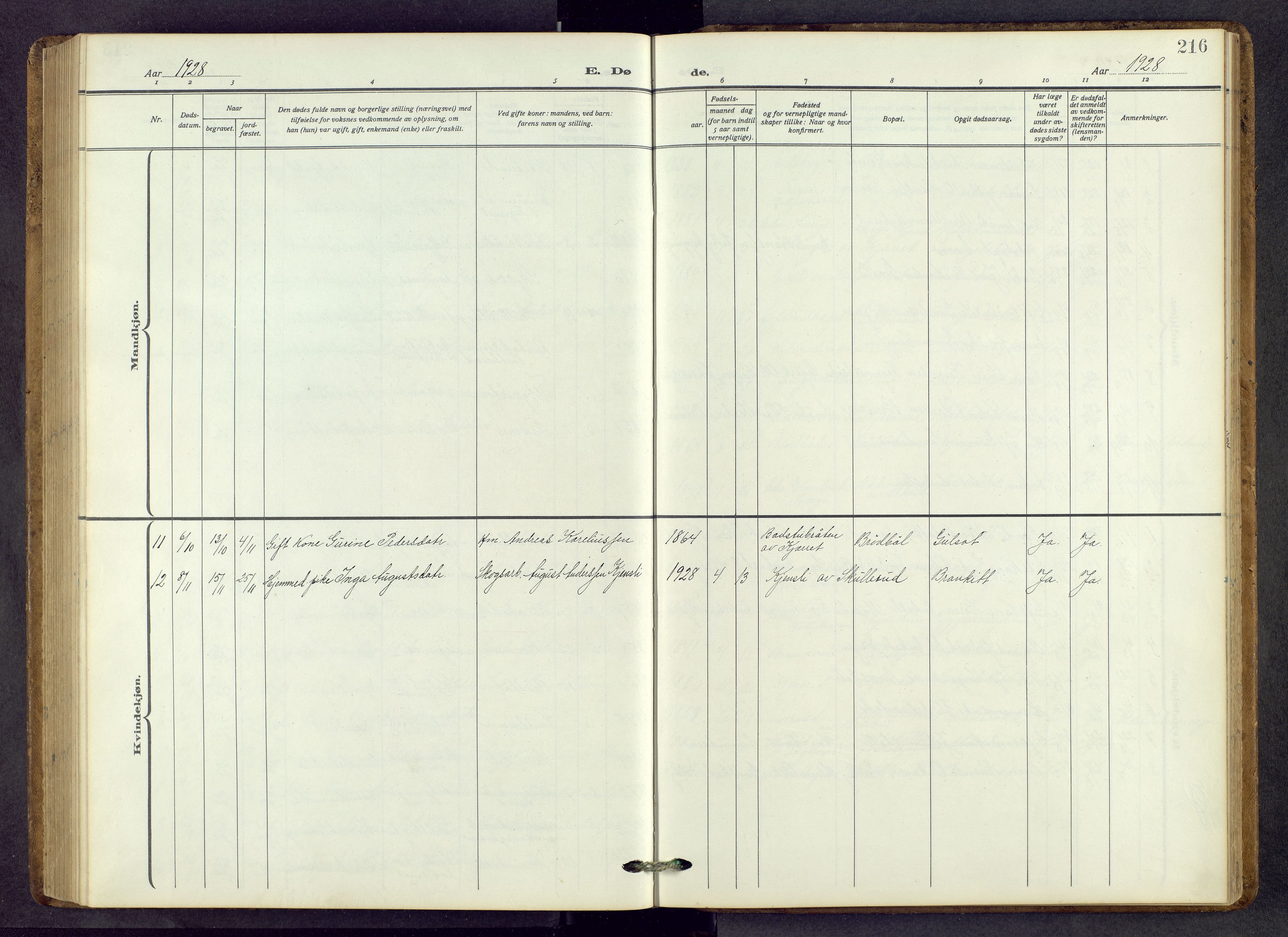 Vinger prestekontor, SAH/PREST-024/H/Ha/Hab/L0006: Parish register (copy) no. 6, 1921-1973, p. 216