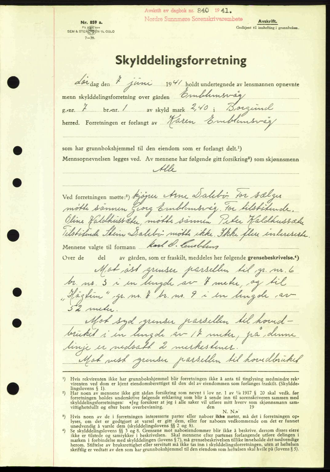 Nordre Sunnmøre sorenskriveri, SAT/A-0006/1/2/2C/2Ca: Mortgage book no. A11, 1941-1941, Diary no: : 840/1941